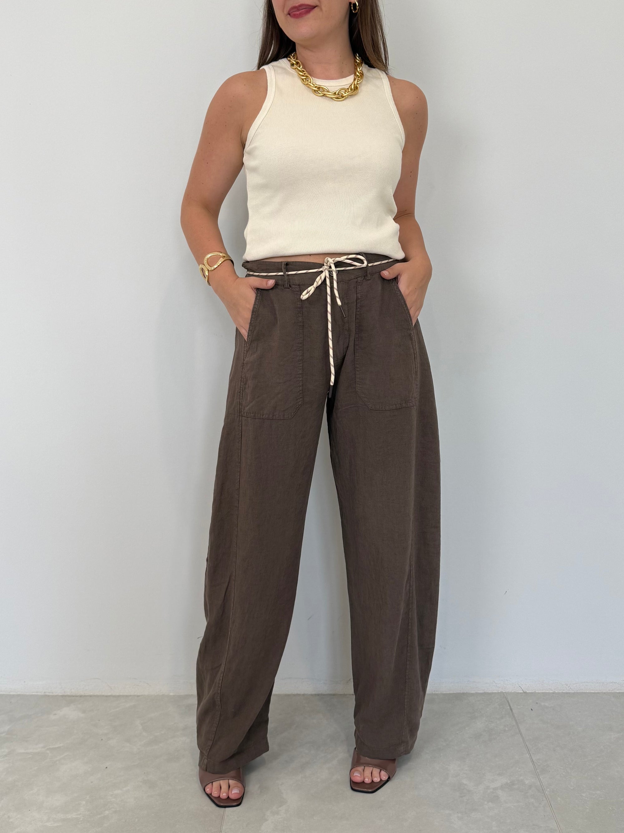 SusyMix - Pantalone no stellina in lino moro