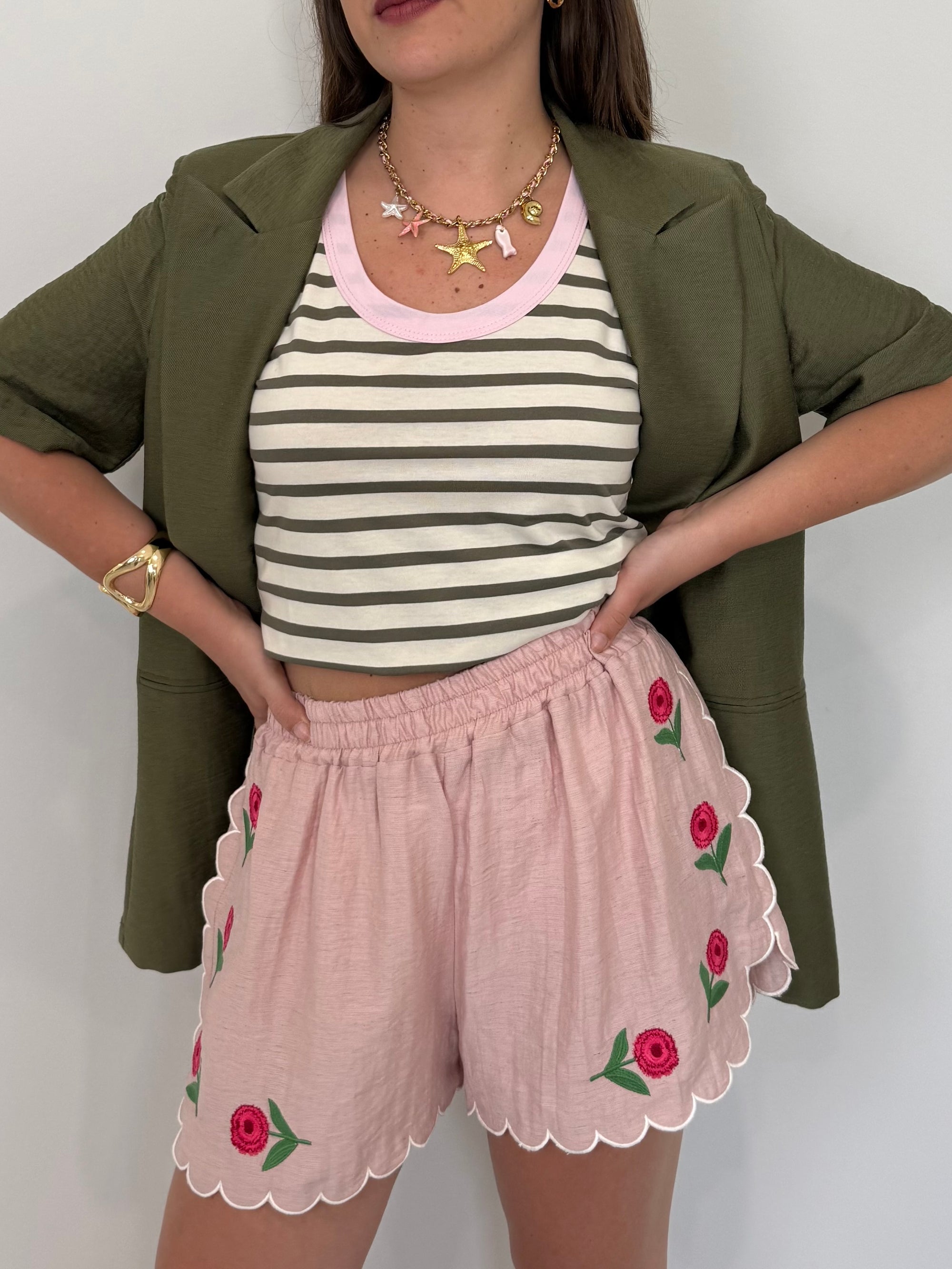 Haveone - Short con ricamo fiori rosa