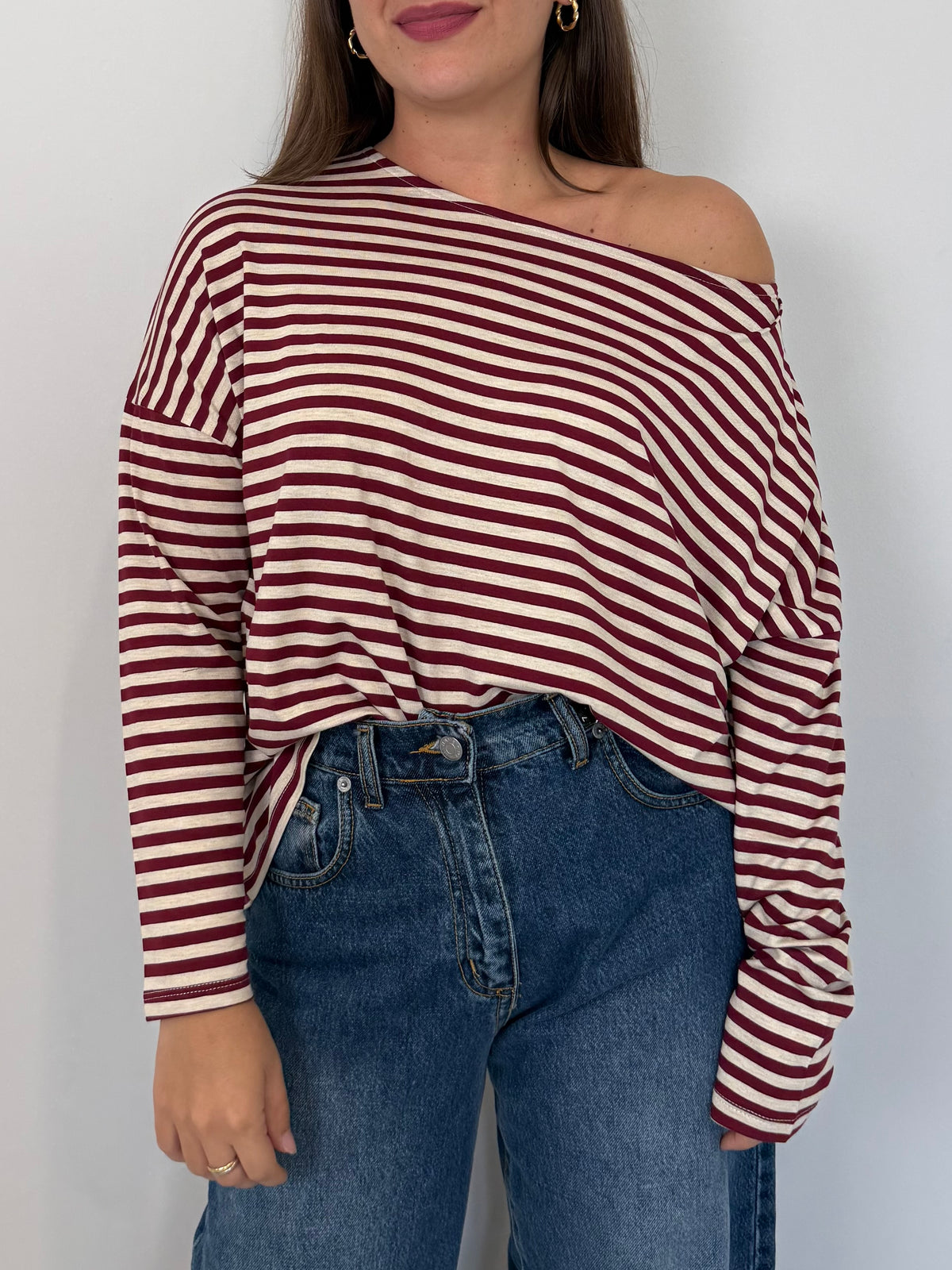 SusyMix - Maglia scatola scollo barca righe bordeaux