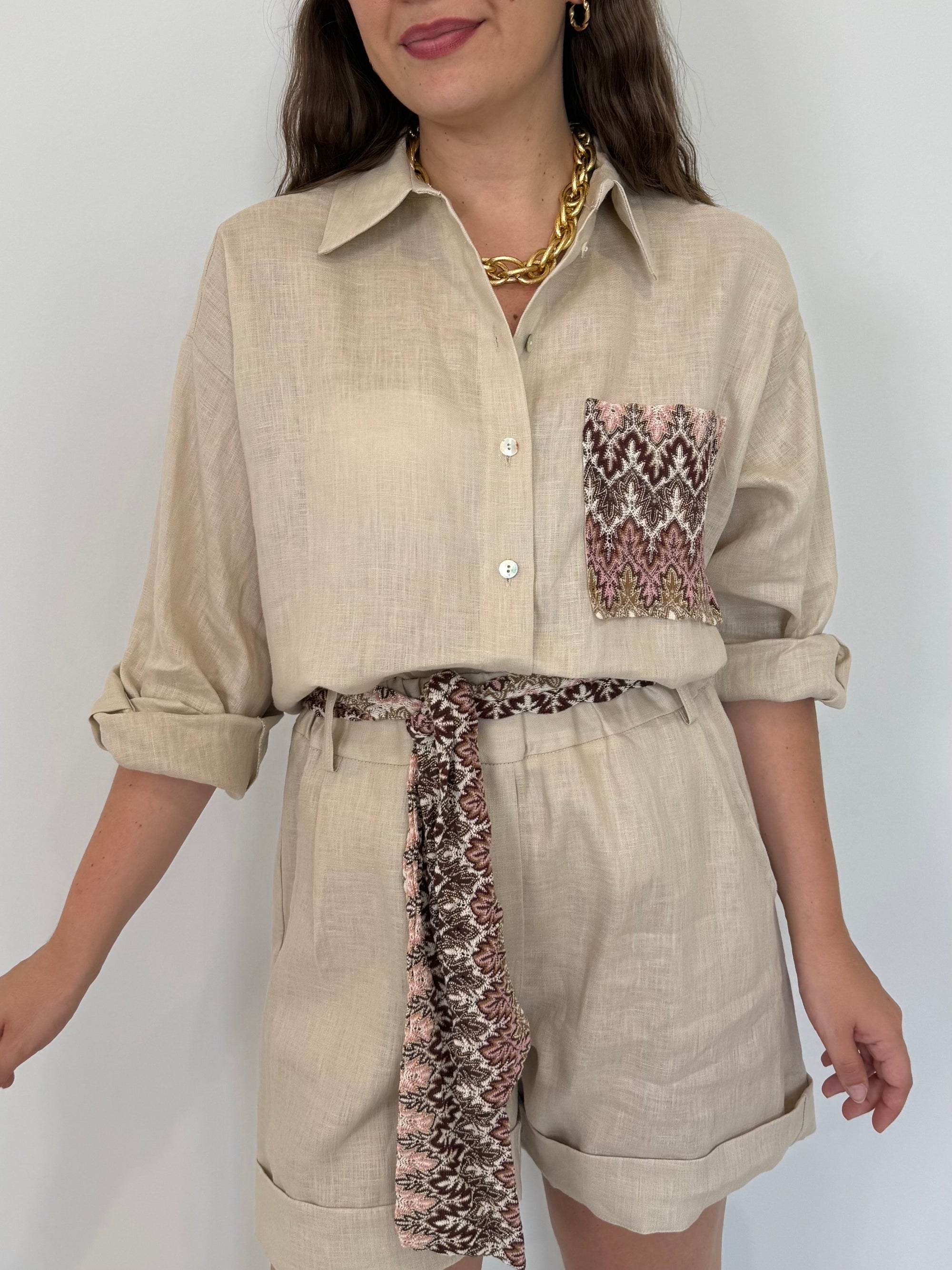 Tensione In - Camicia in lino zigzag sabbia