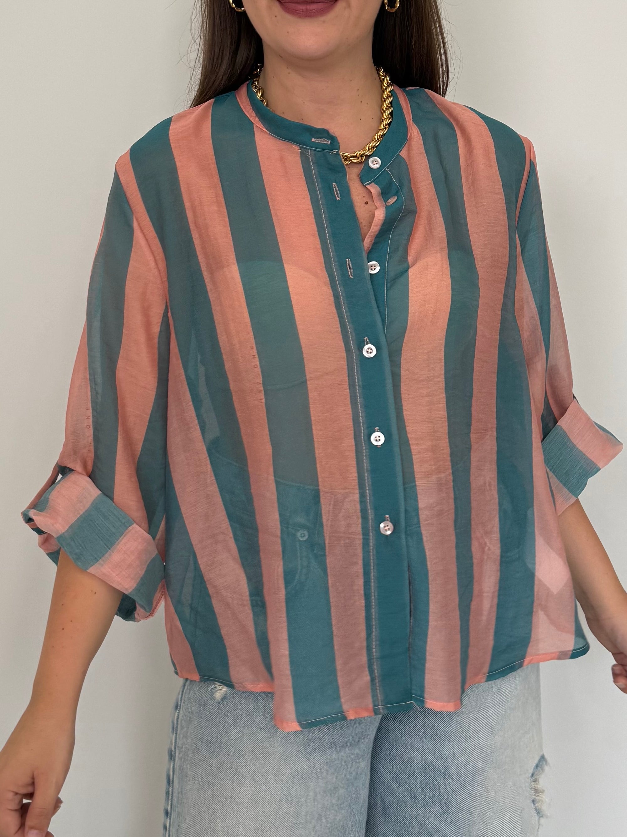 Haveone - Camicia righe larghe rosa ottanio