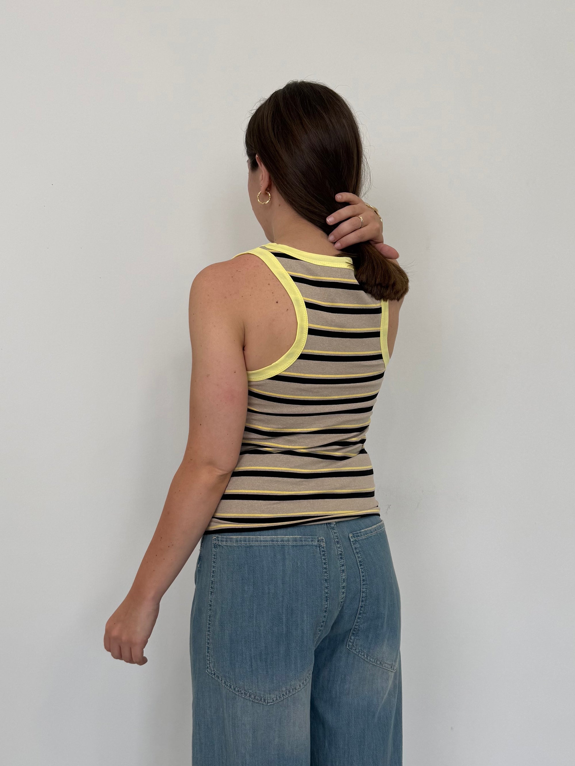 Haveone - Canotta righe tortora contrasto giallo