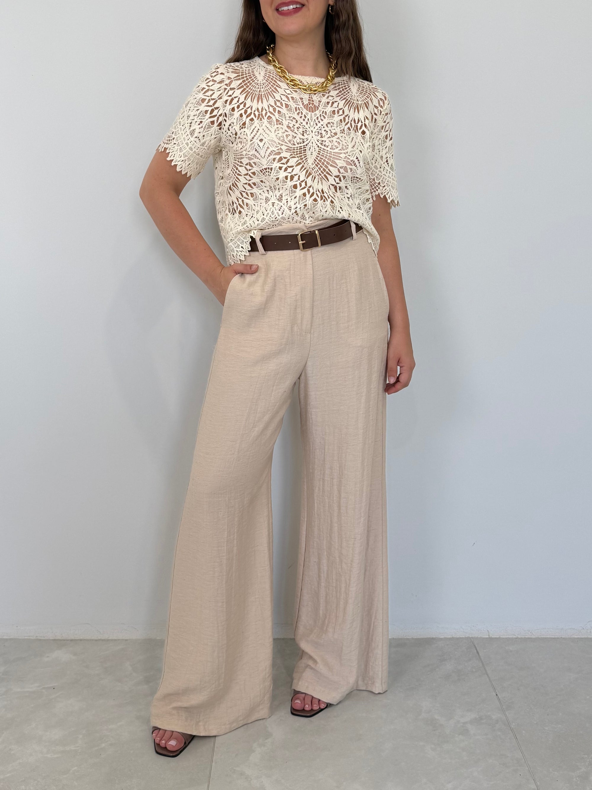 Haveone - Pantalone palazzo con cintura sabbia