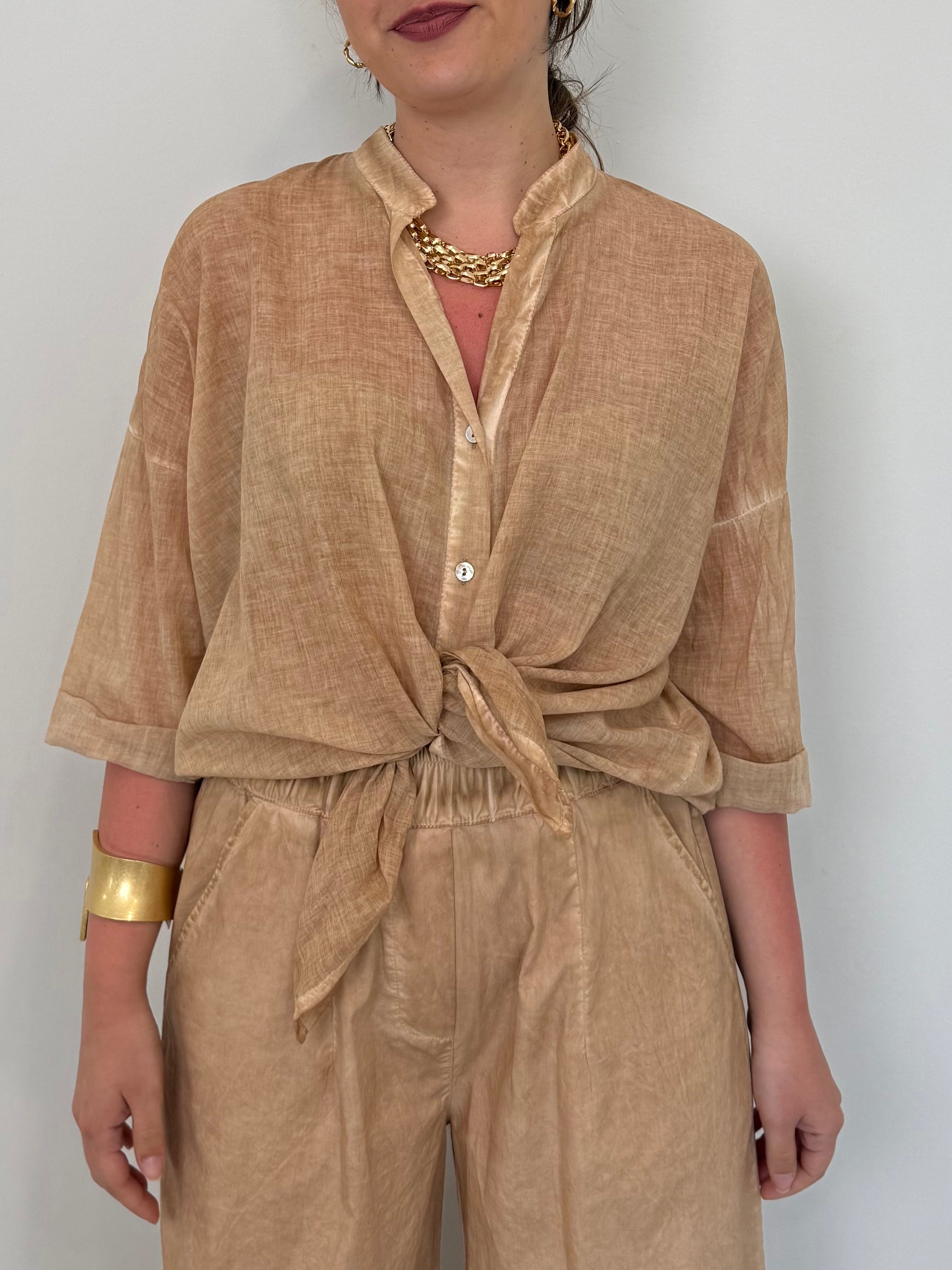 Haveone - Camicia in mussola di cotone nocciola