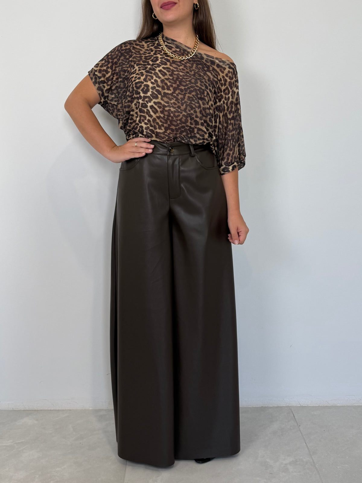 SusyMix - Pantalone palazzo similpelle moro