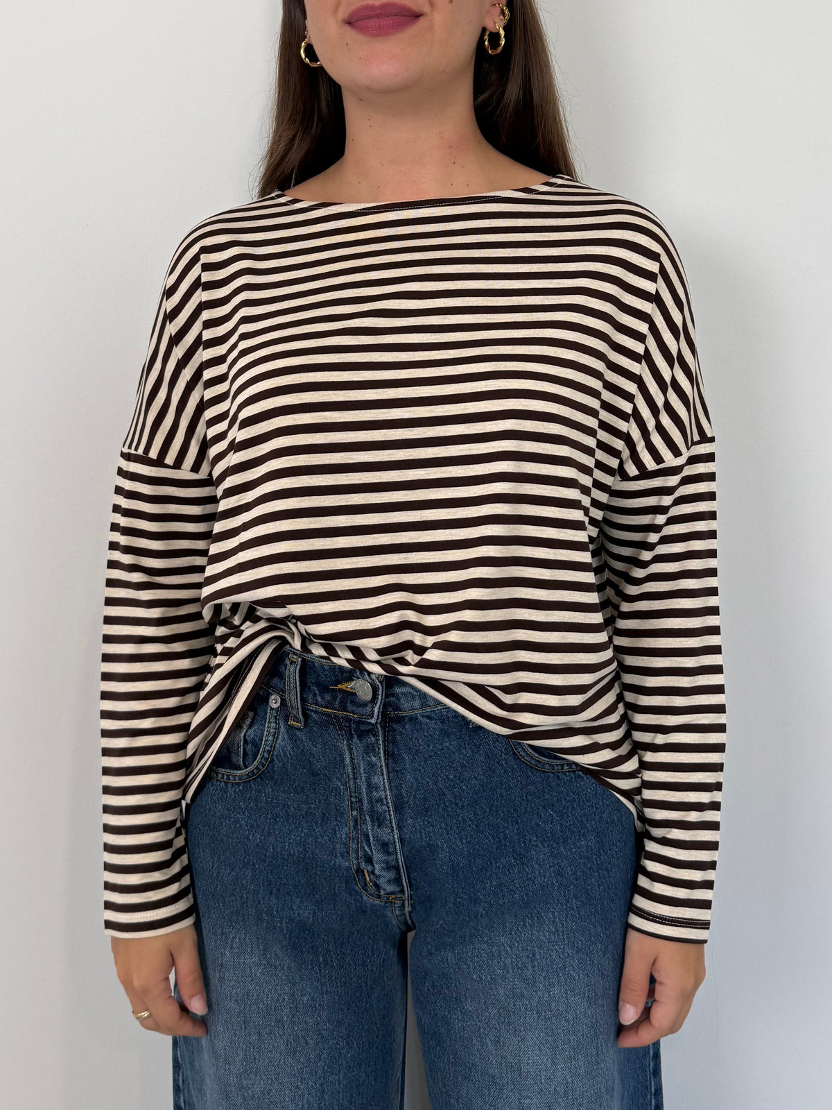 SusyMix - Maglia scatola scollo barca righe moro
