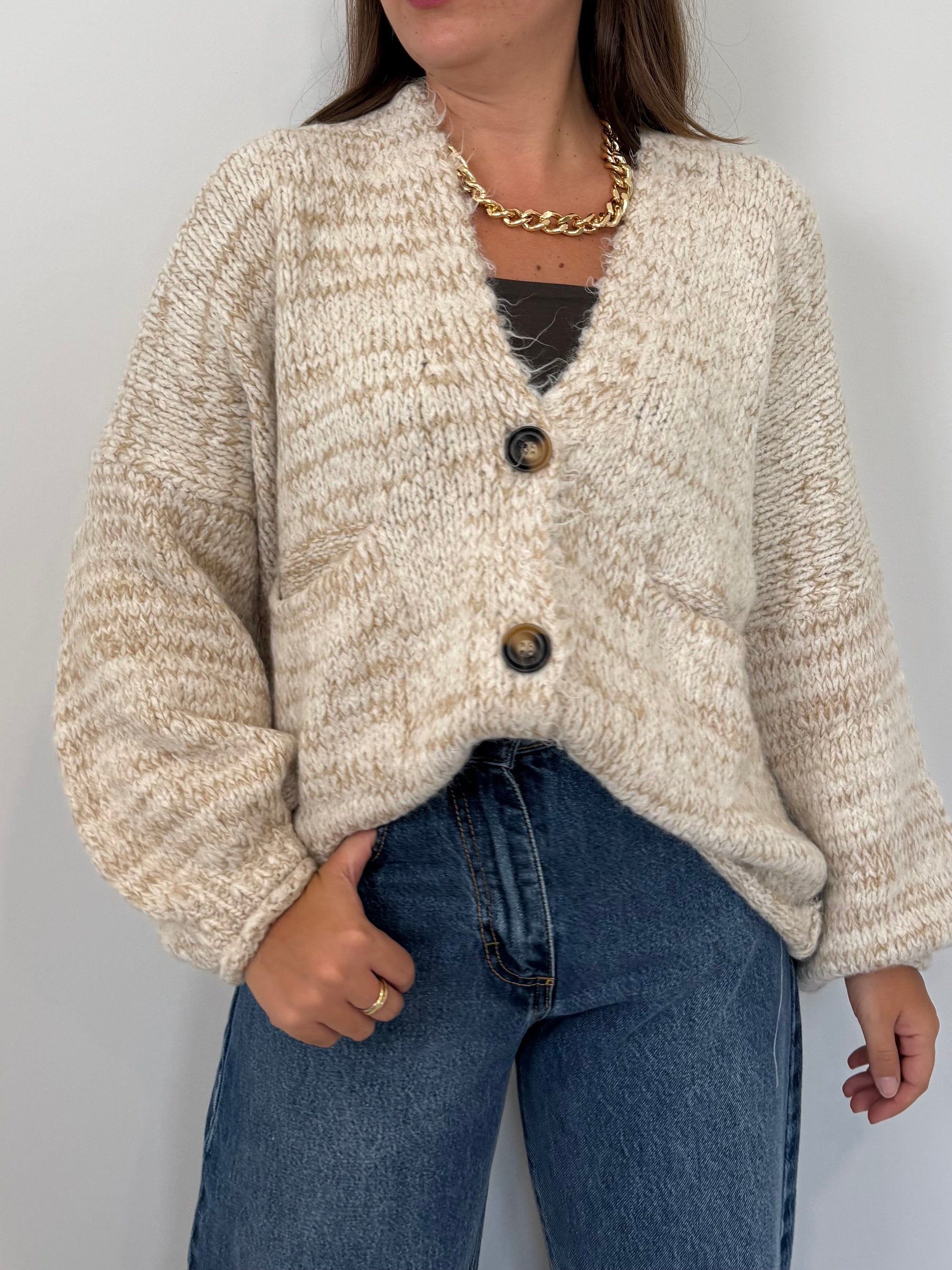 Haveone -Cardigan tre bottoni mélange panna
