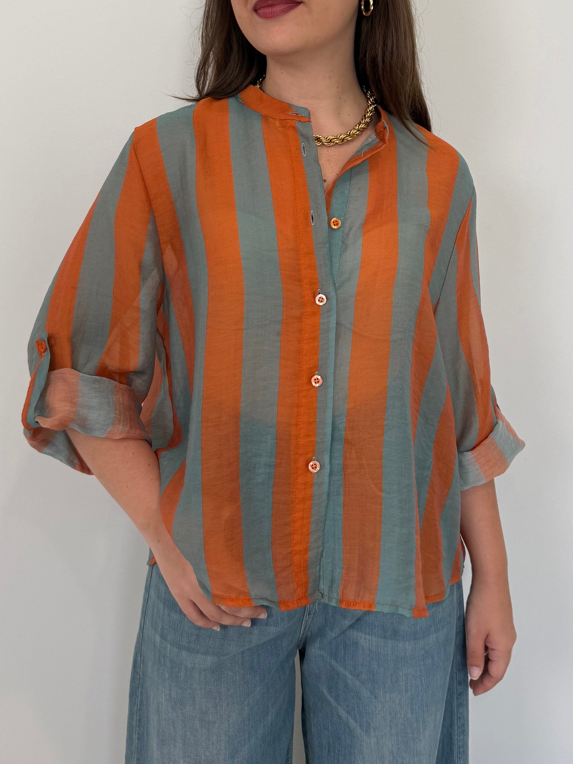 Haveone - Camicia righe larghe arancio/celeste