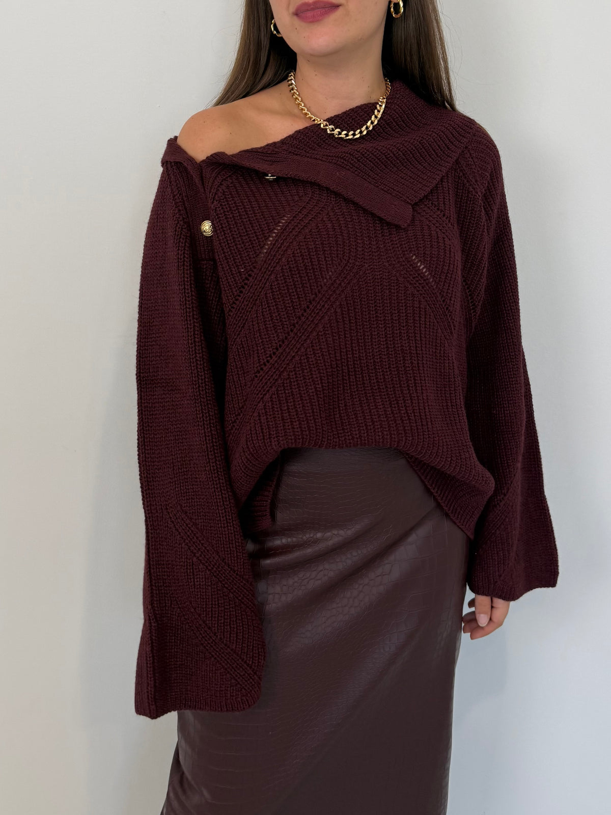 Tensione In - Maglione con collo e bottoni bordeaux
