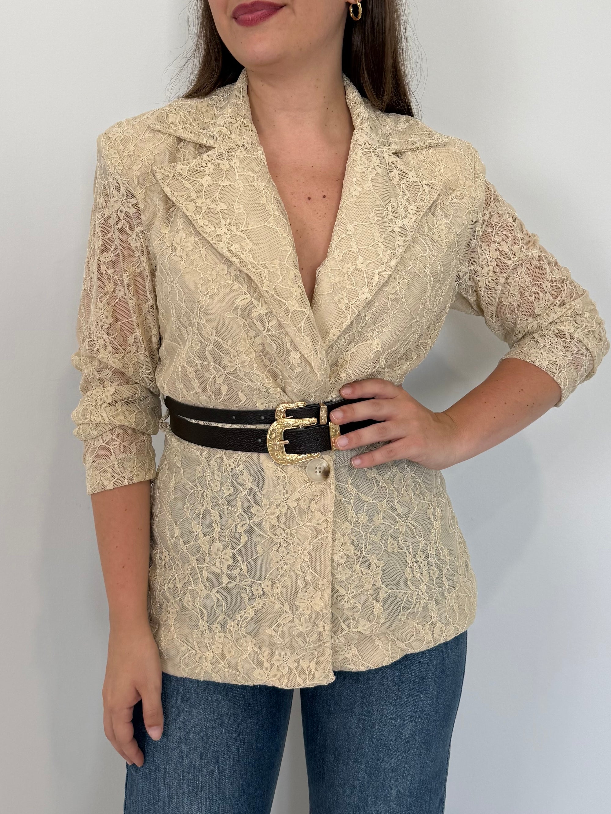 Haveone - Giacca in pizzo con cinture beige