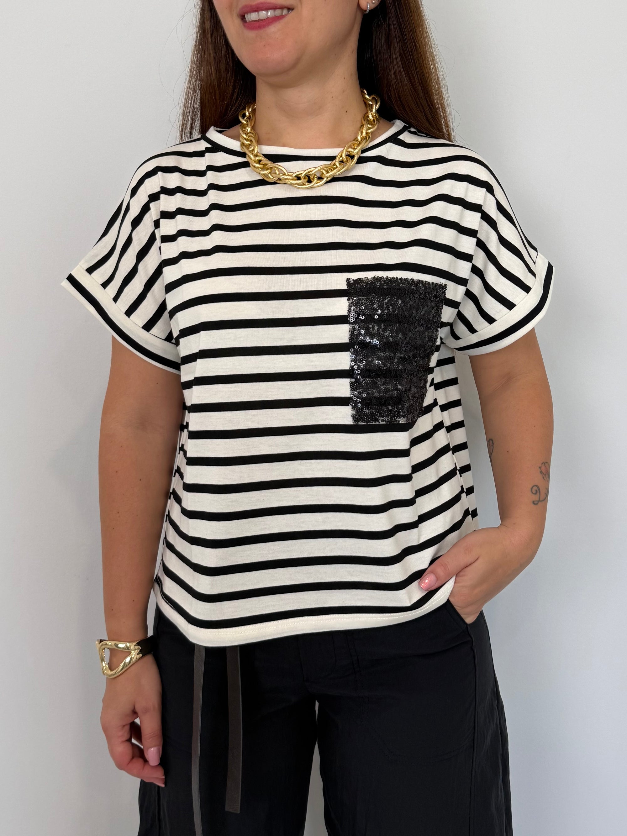 SusyMix - T-shirt taschino paillettes riga nera