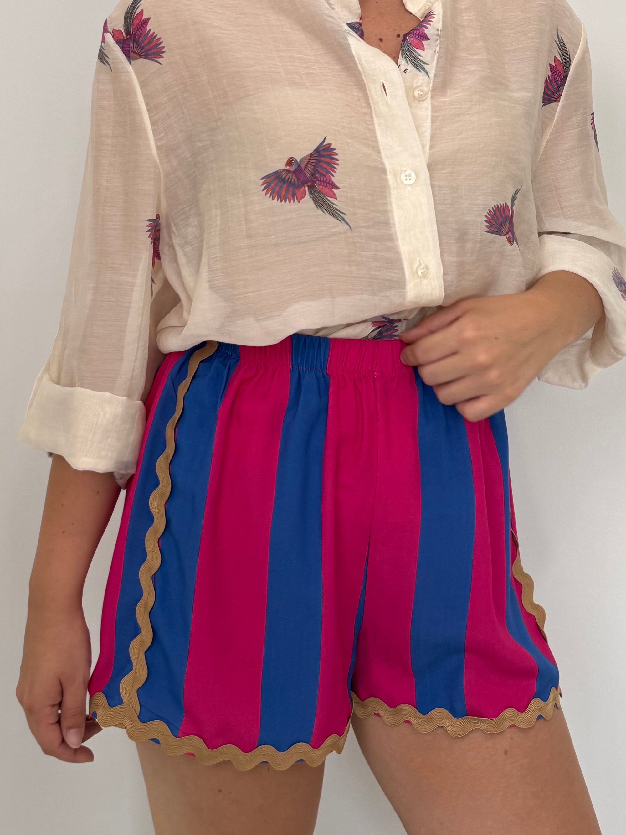 Haveone - Short rigato blu e fuxia con trinetta
