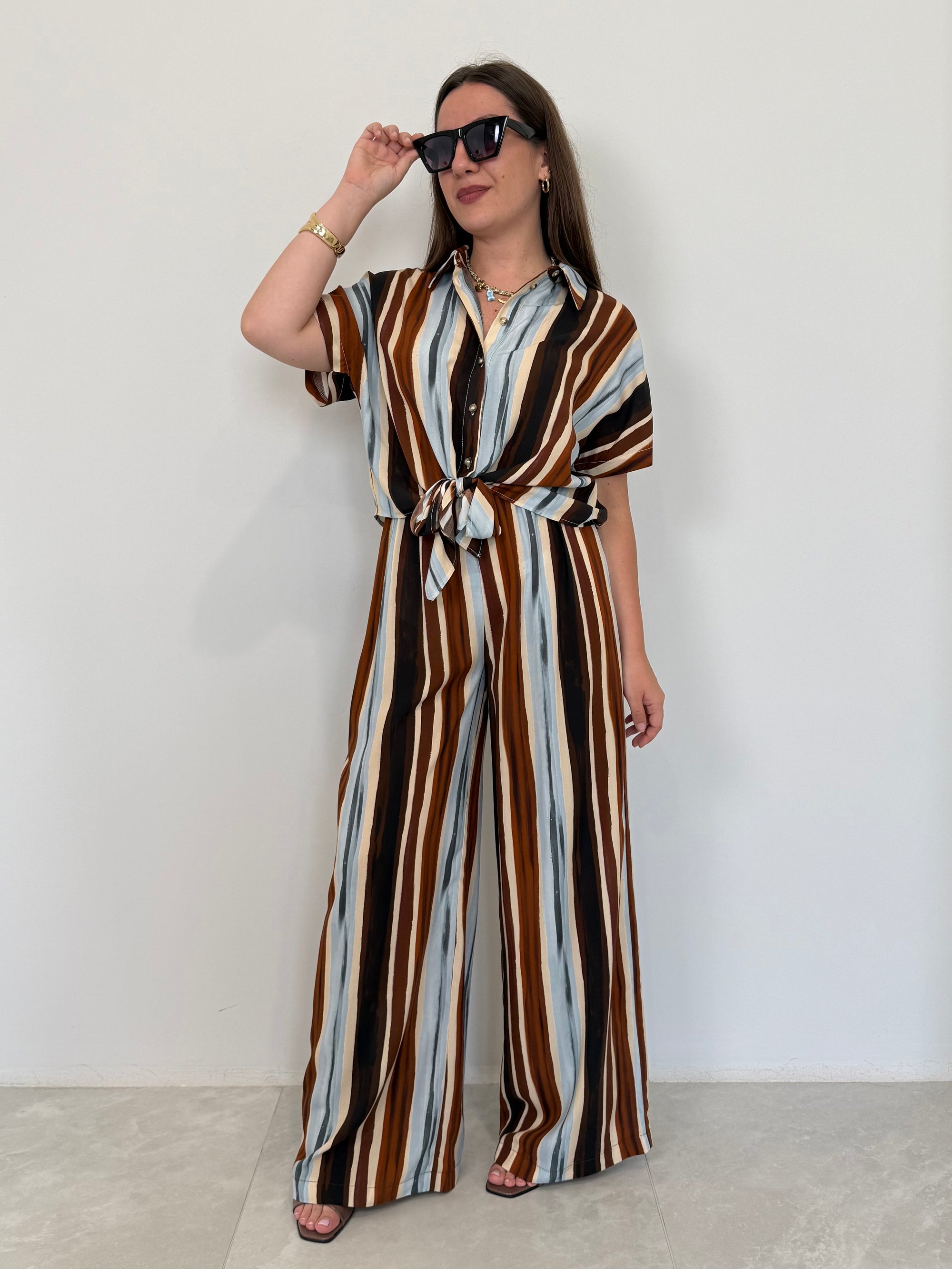 Haveone - Pantalone in viscosa con righe azzurre