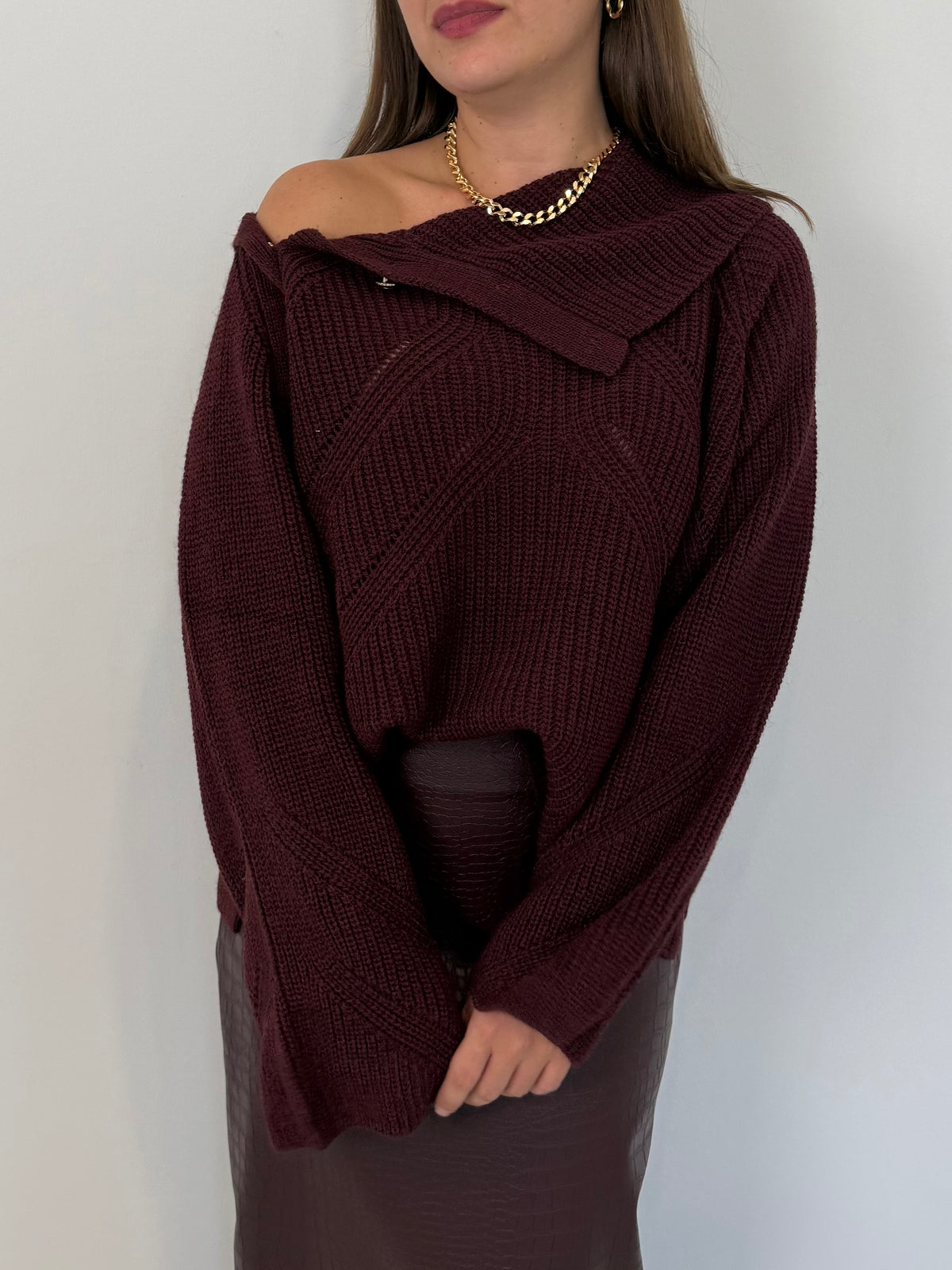 Tensione In - Maglione con collo e bottoni bordeaux