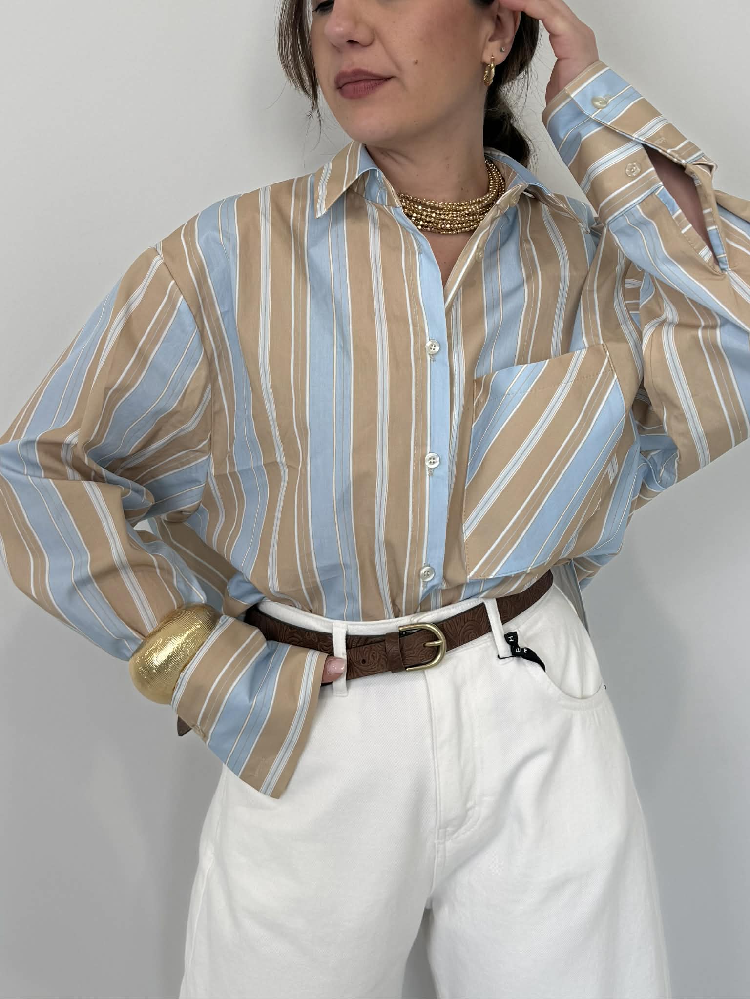 Haveone - Camicia rigata celeste/camel