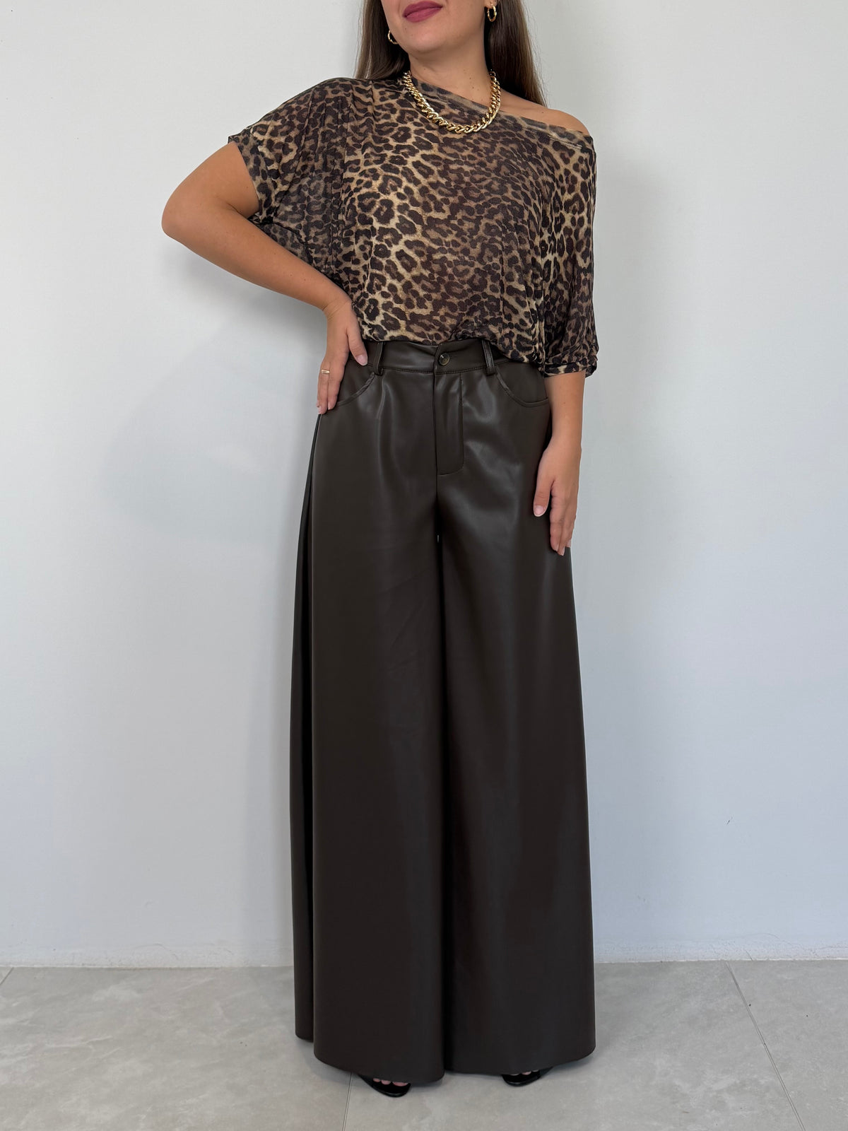 SusyMix - Pantalone palazzo similpelle moro