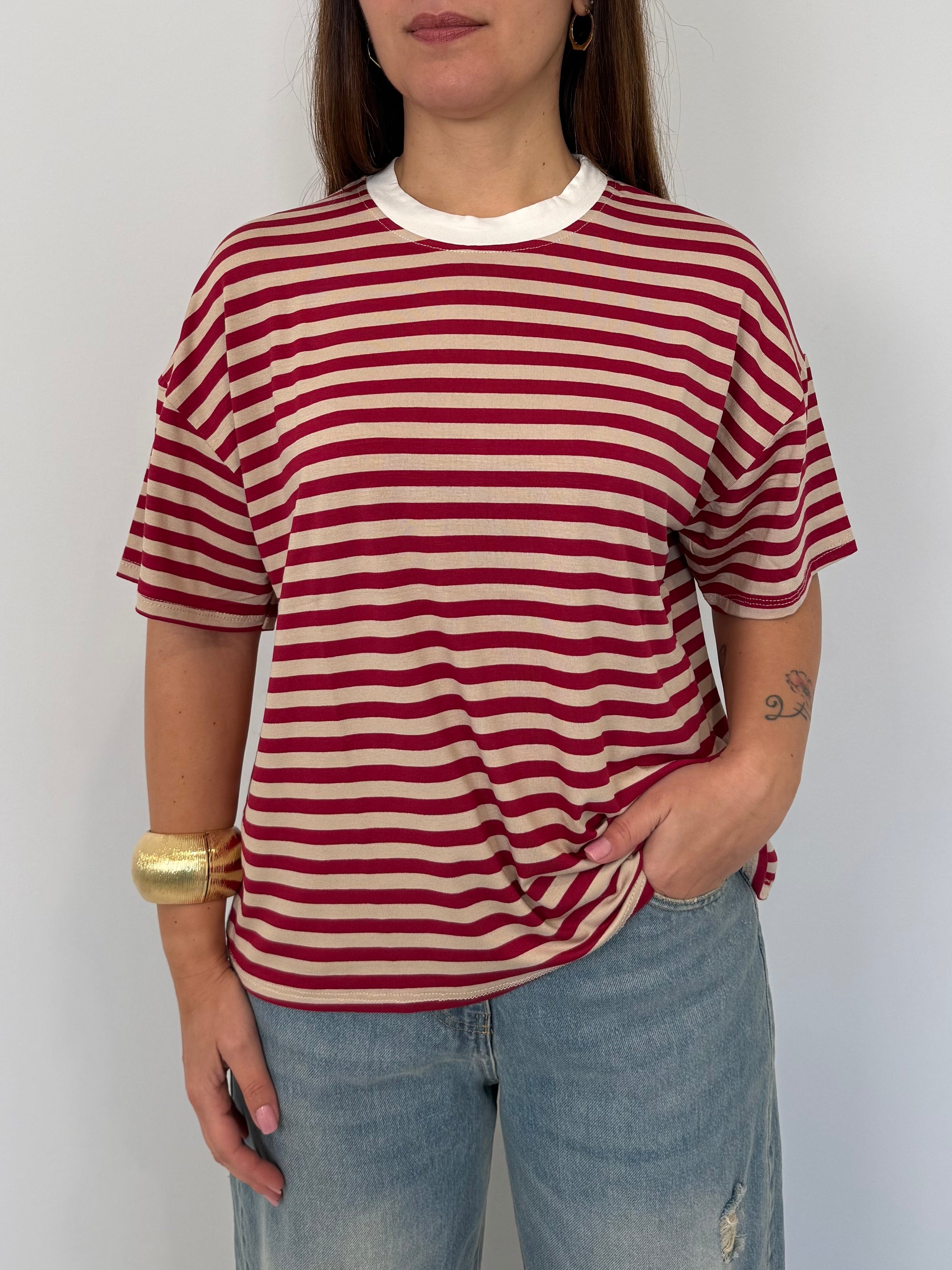 Haveone - Maglia riga bordeaux contrasto bianca