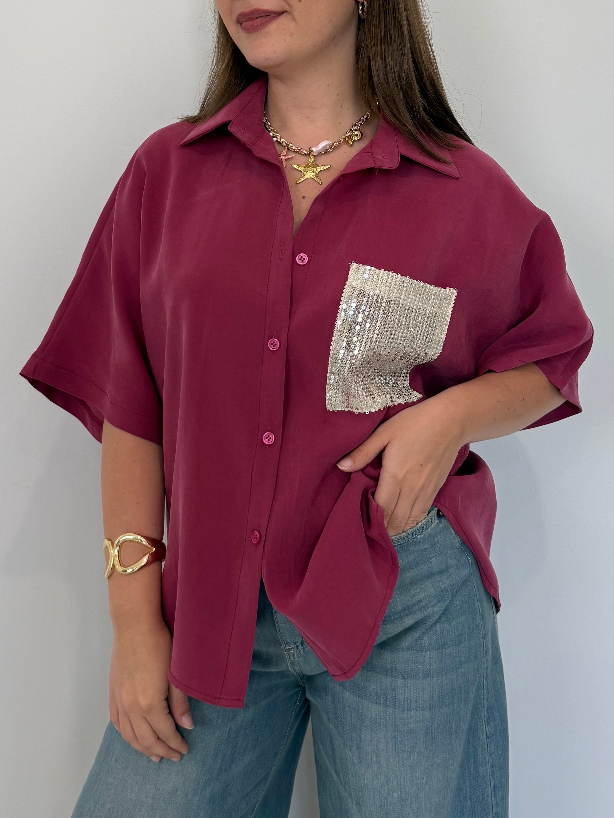 SusyMix - Camicia in cupro con tasca paillettes