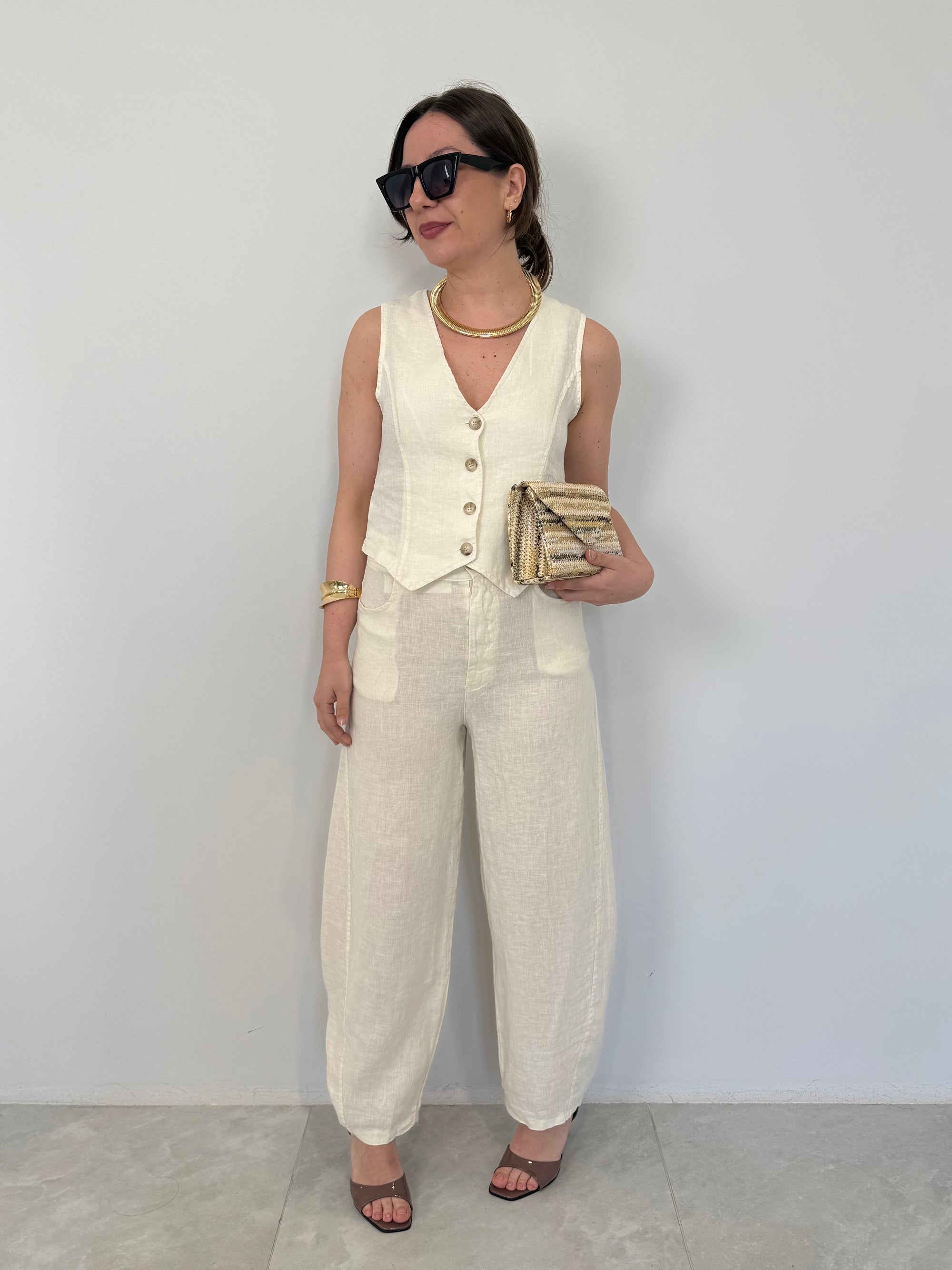 Haveone - Pantalone barrel in lino burro