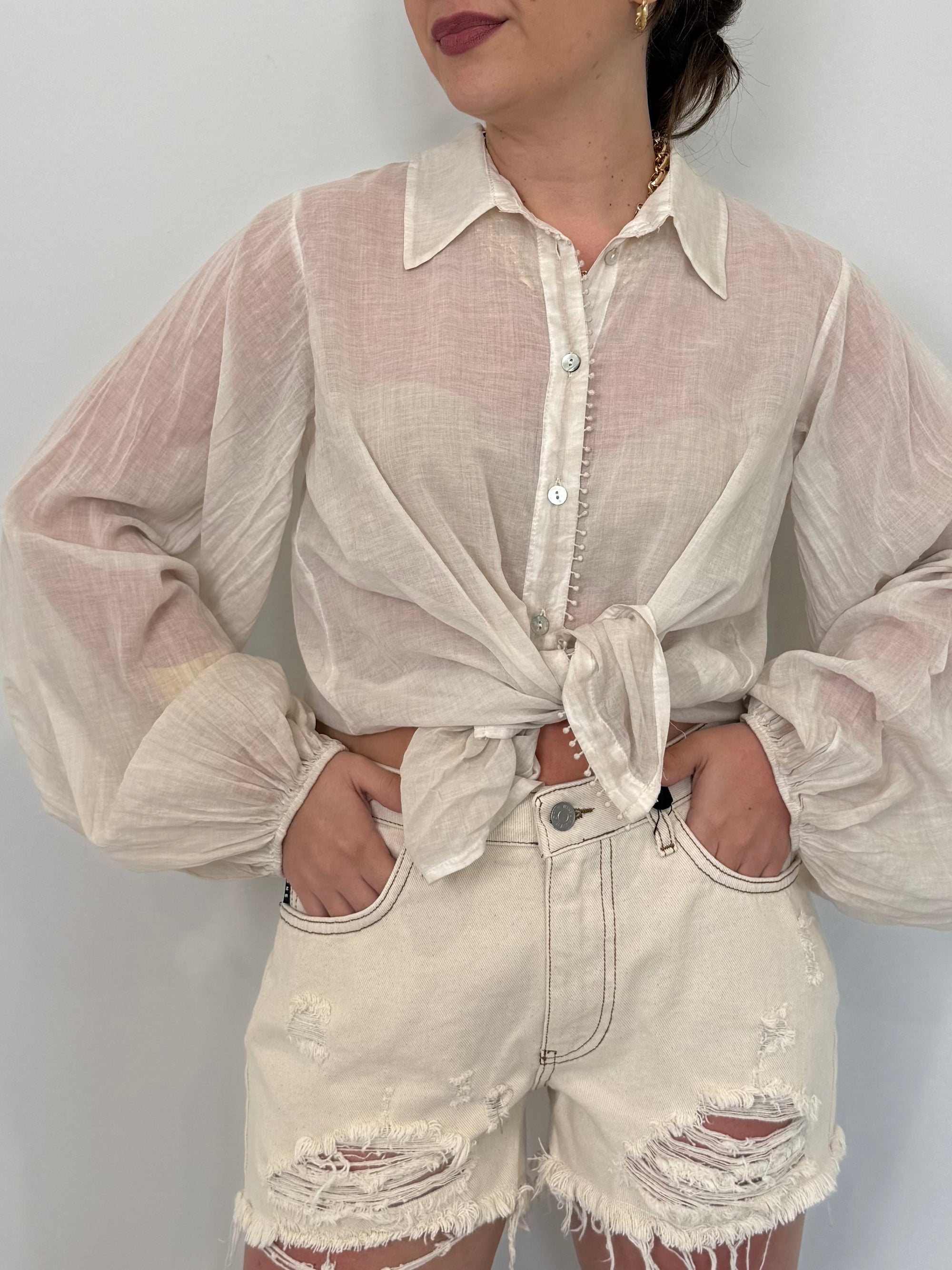 Haveone - Camicia in mussola con trina beige