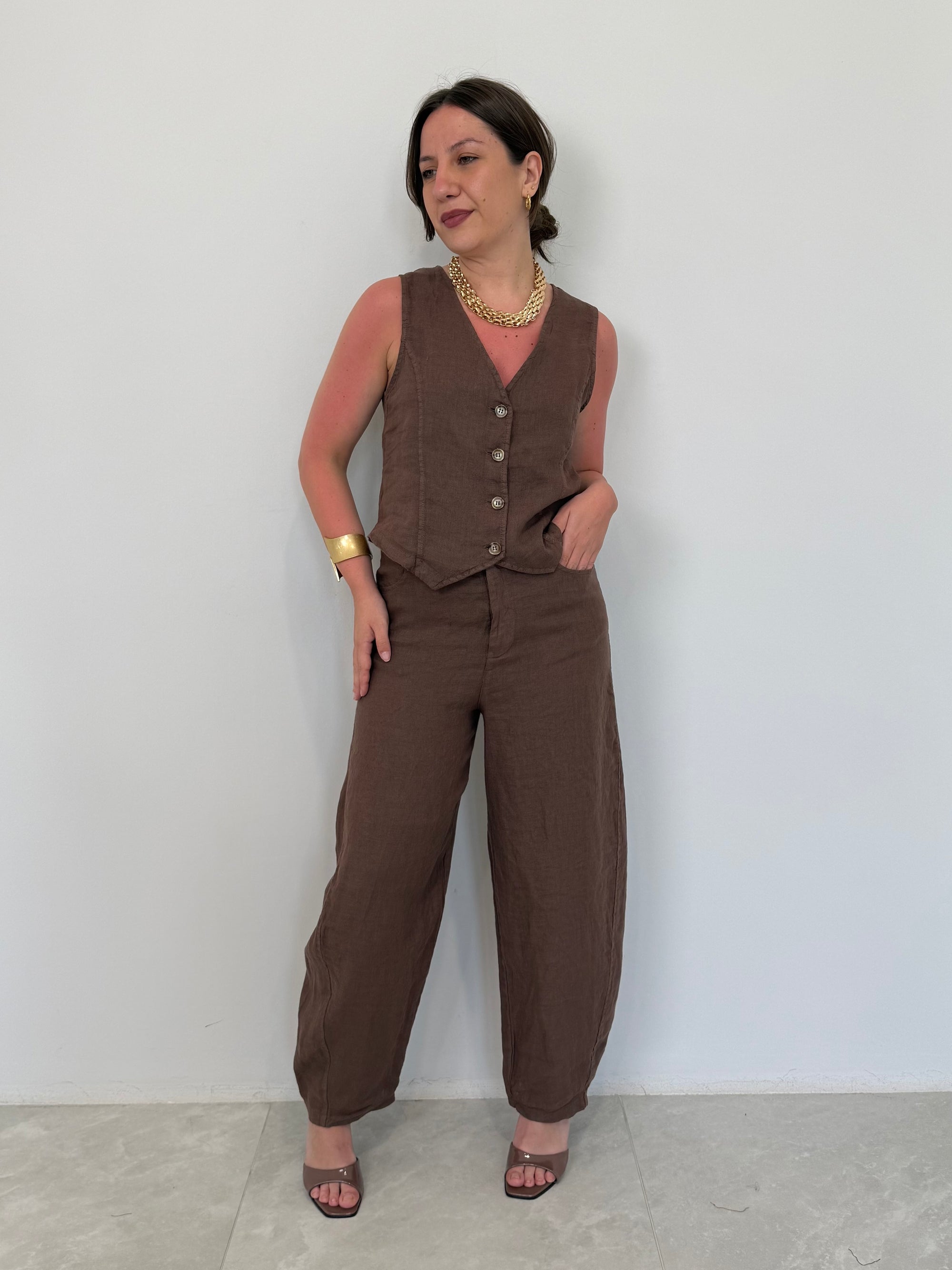 Haveone - Pantalone barrel in lino moro