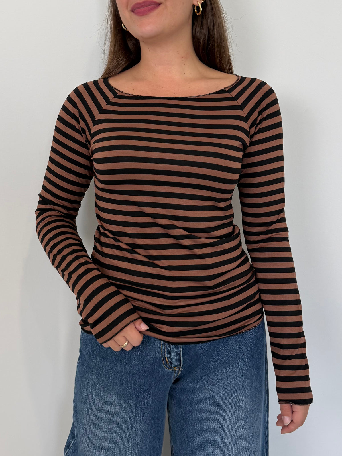 SusyMix - Maglia righe slim tabacco nera