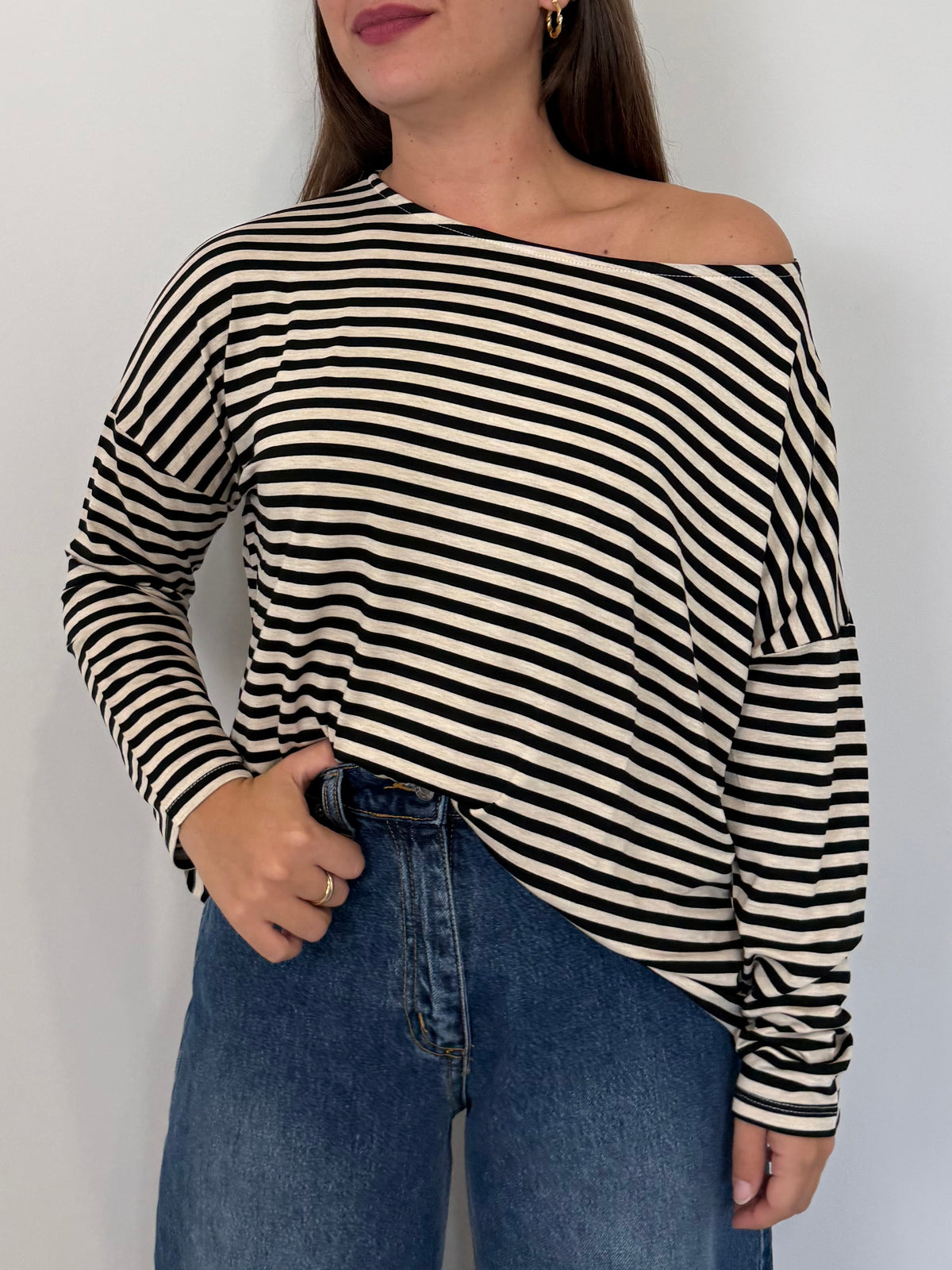 SusyMix - Maglia scatola scollo barca righe nera