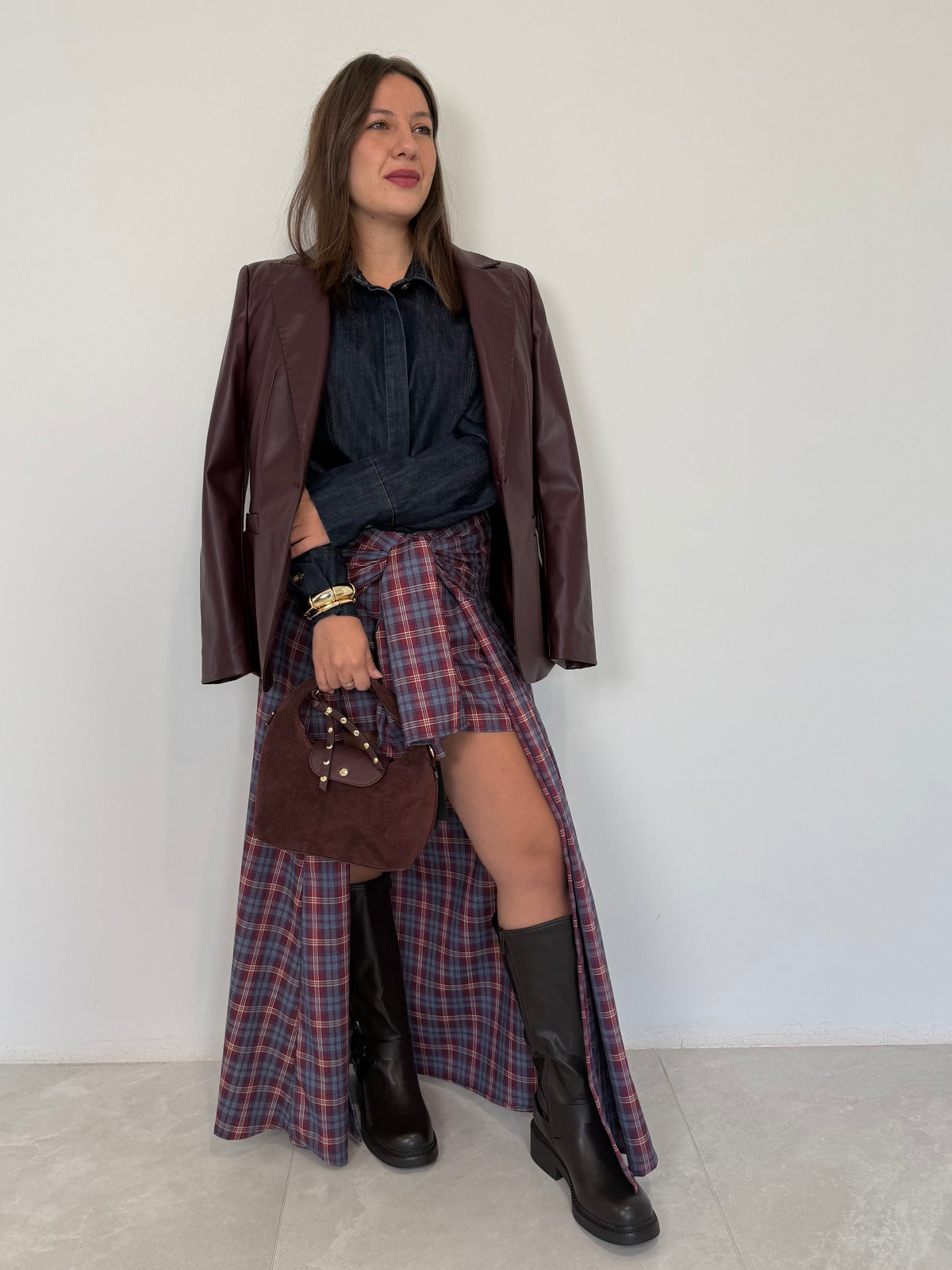 Haveone - Gonna lunga con maniche camicia bordeaux