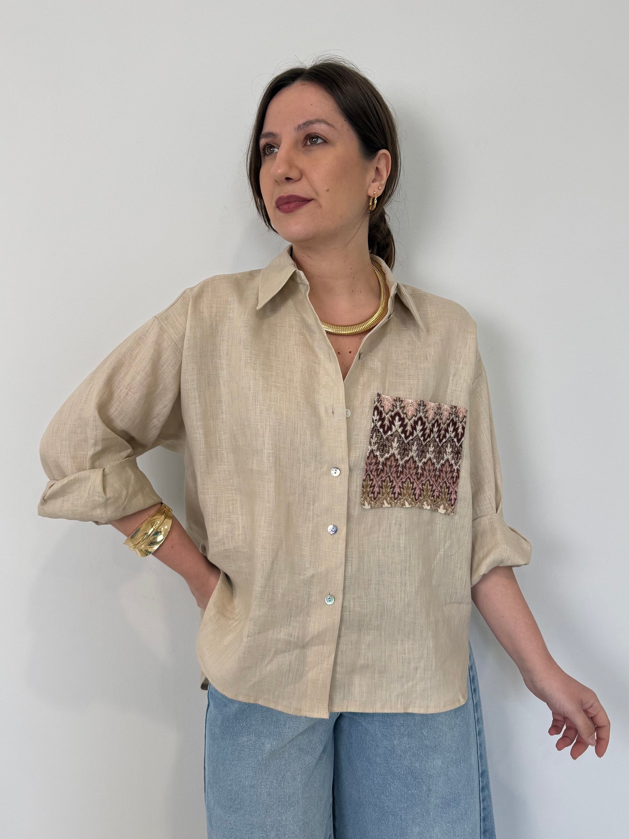 Tensione In - Camicia in lino zigzag sabbia