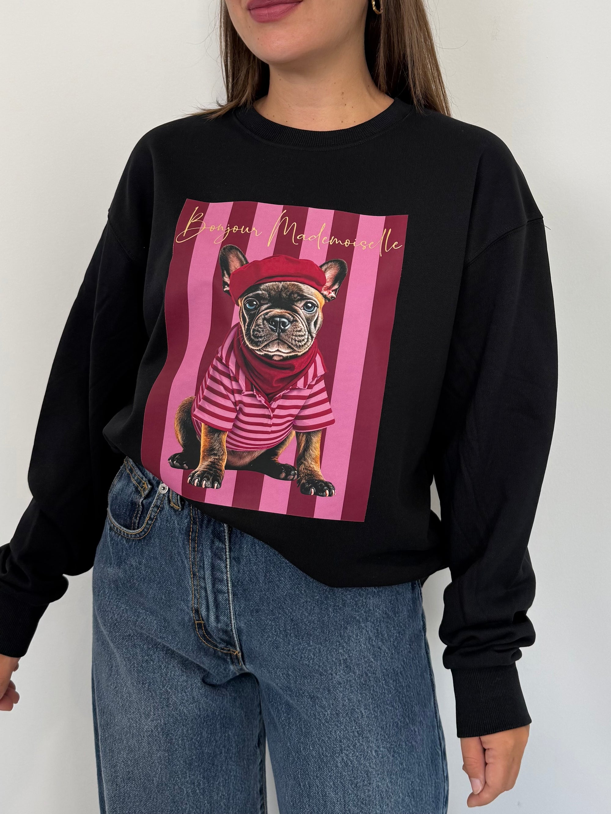 Civico23 - Felpa nera con bulldog e riga fuxia