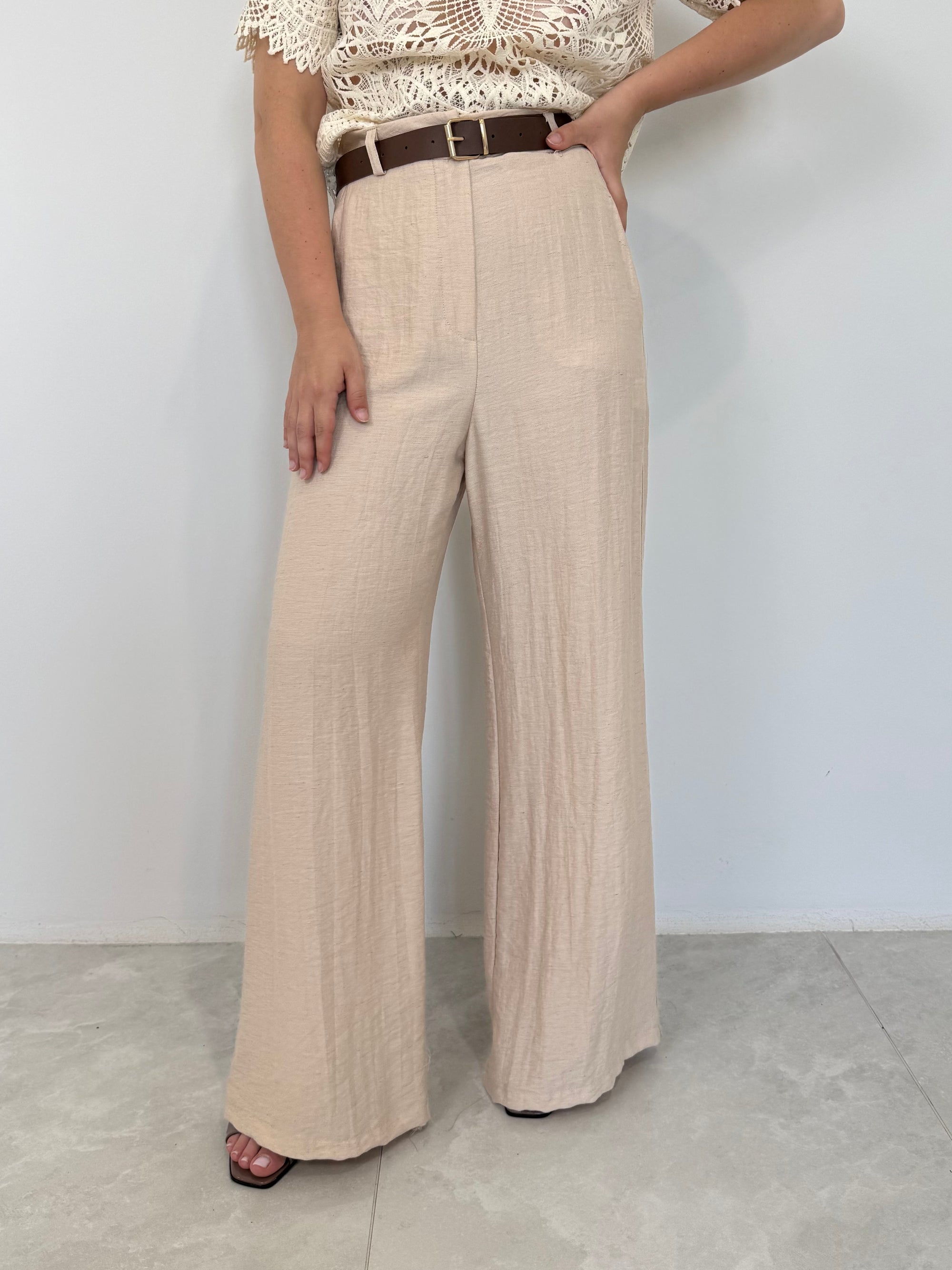 Haveone - Pantalone palazzo con cintura sabbia
