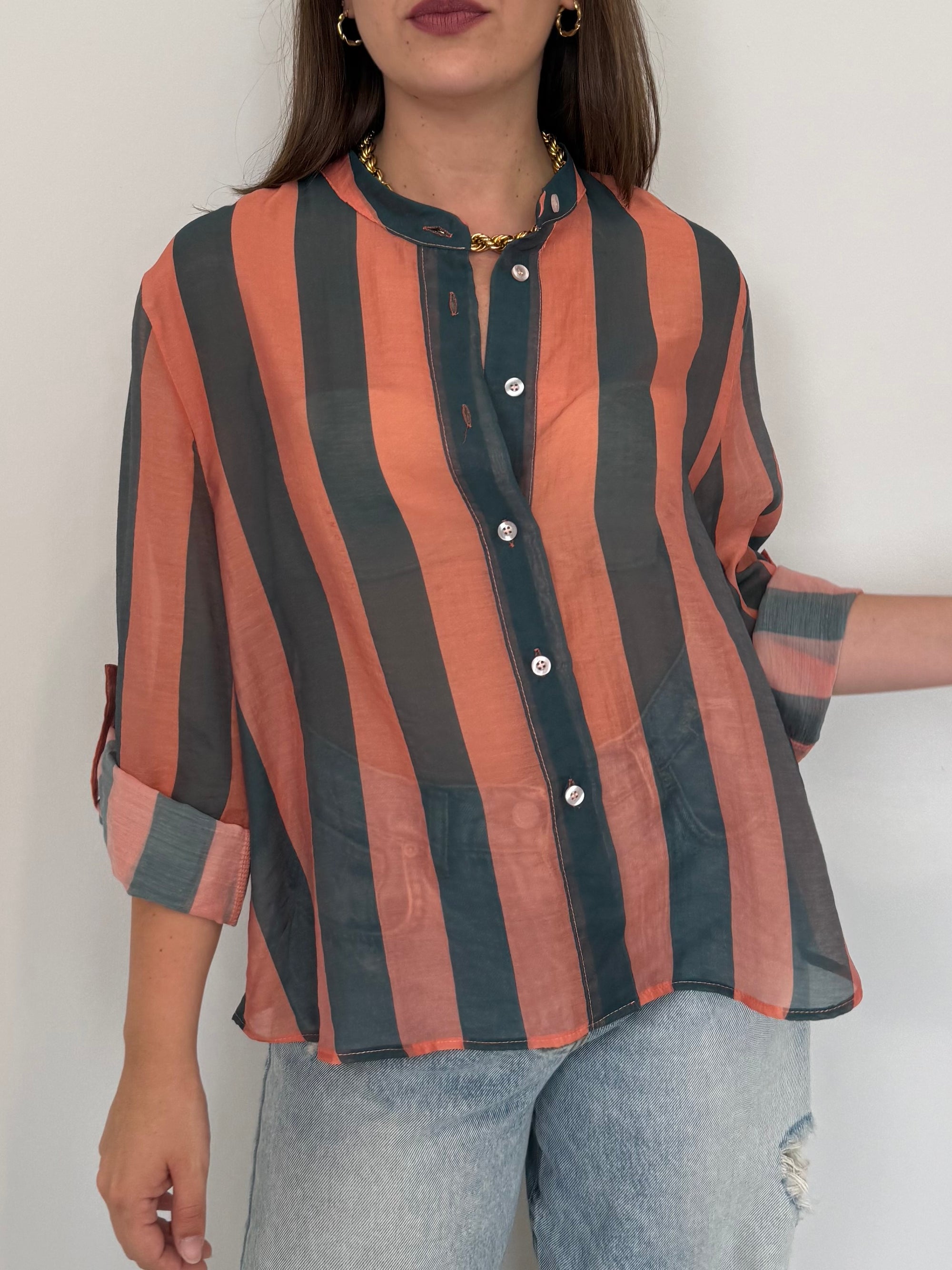 Haveone - Camicia righe larghe rosa verde