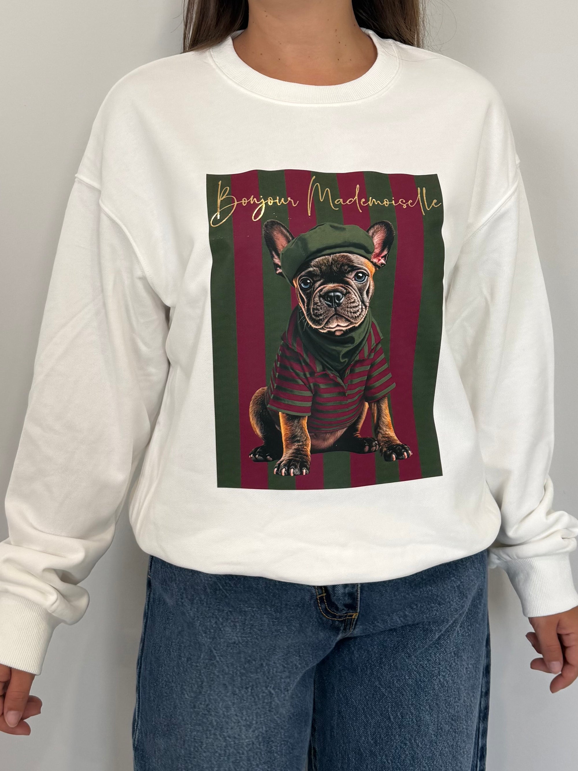 Civico23 - Felpa bianca con bulldog e riga verde