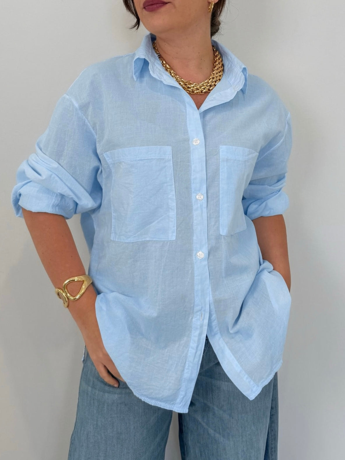 Haveone - Camicia leggera in cotone azzurra