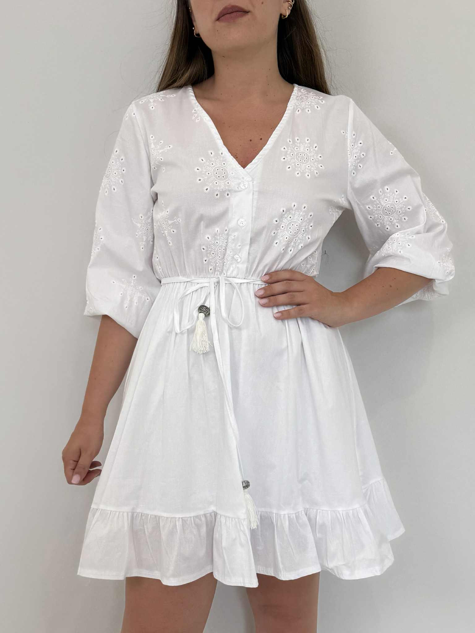 Two Way - Abito in cotone con ricami bianco