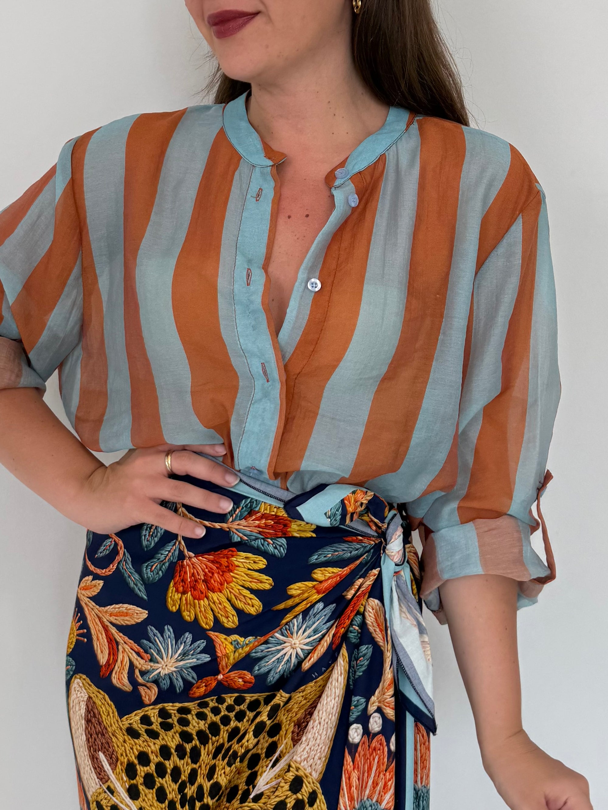 Haveone - Camicia righe larghe celeste tabacco