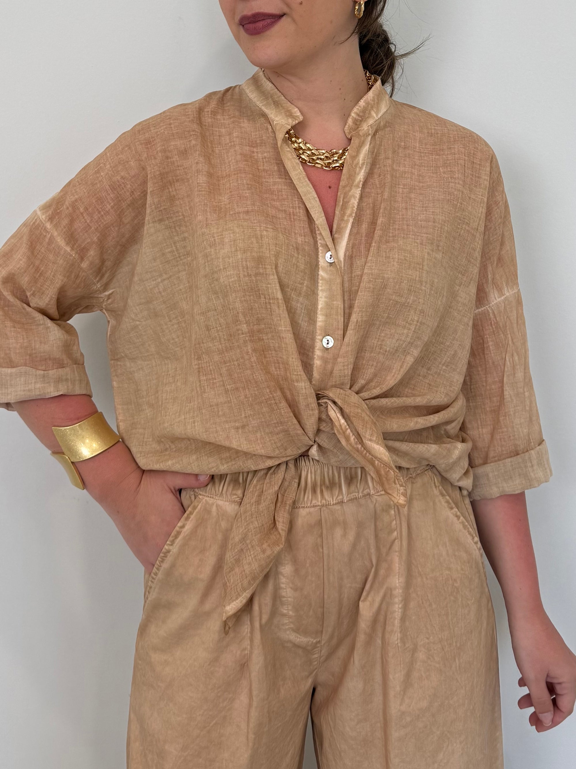 Haveone - Camicia in mussola di cotone nocciola