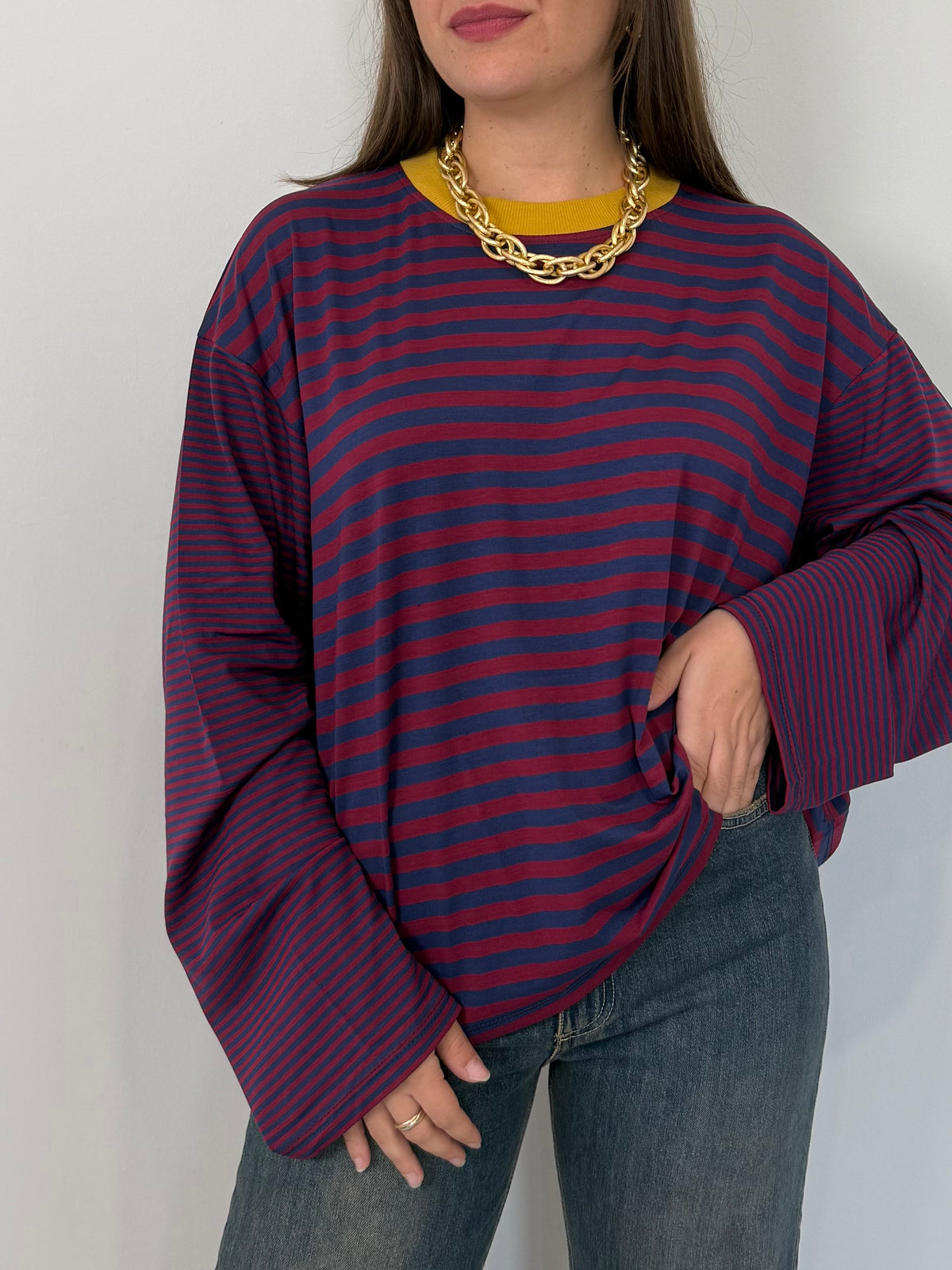 Haveone - Maglia over scatola blu collo senape