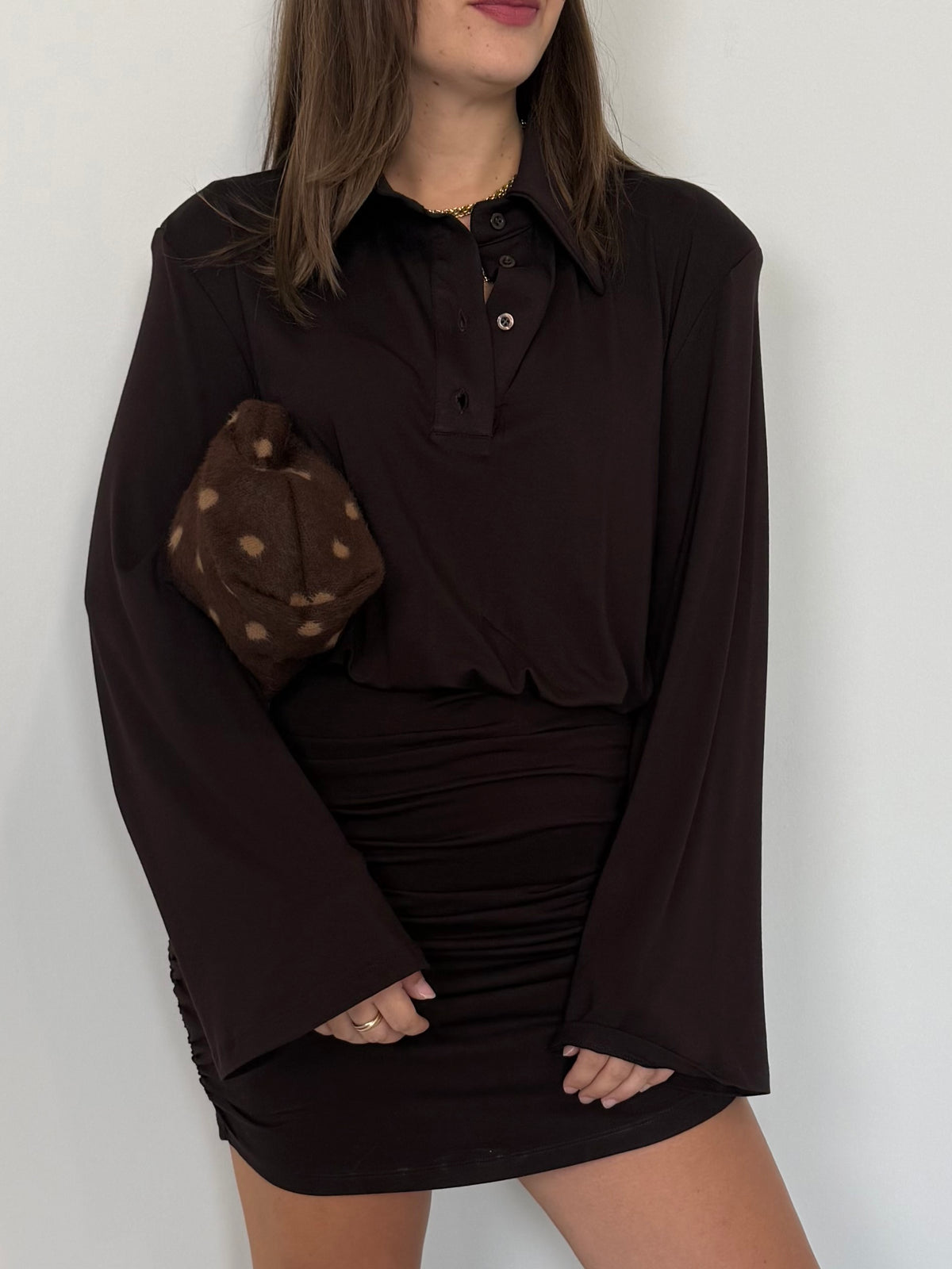 Tensione In - Abito stile camicia con manica svasata moro