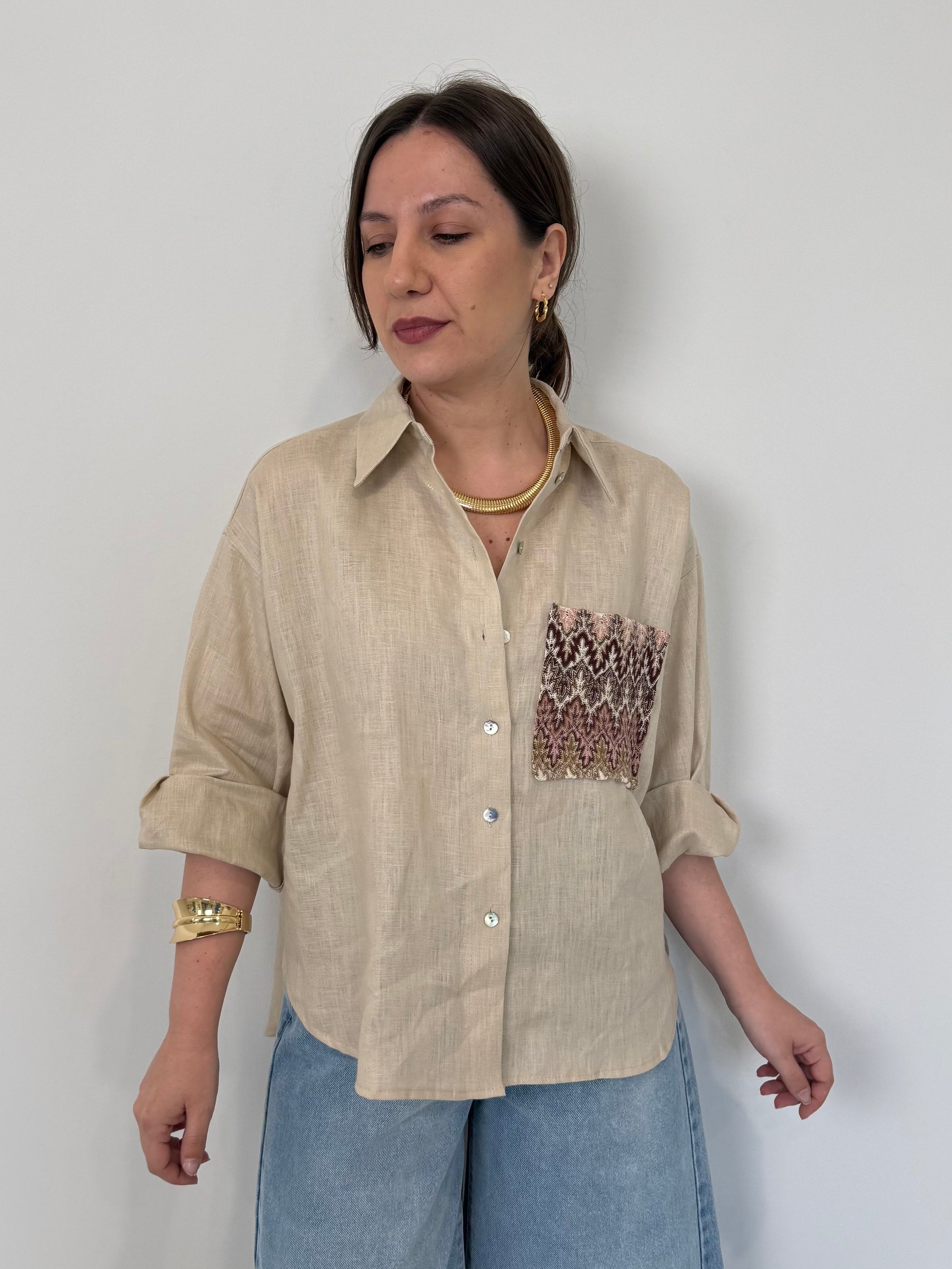Tensione In - Camicia in lino zigzag sabbia