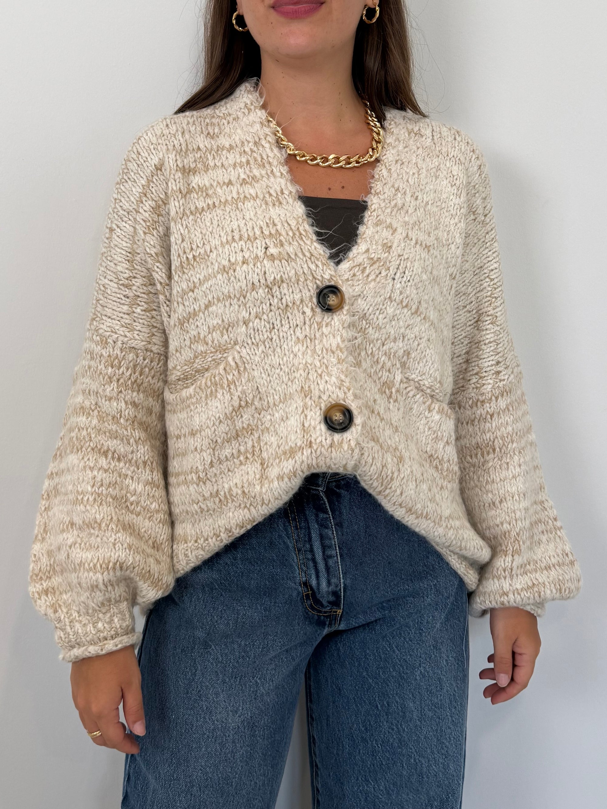 Haveone -Cardigan tre bottoni mélange panna