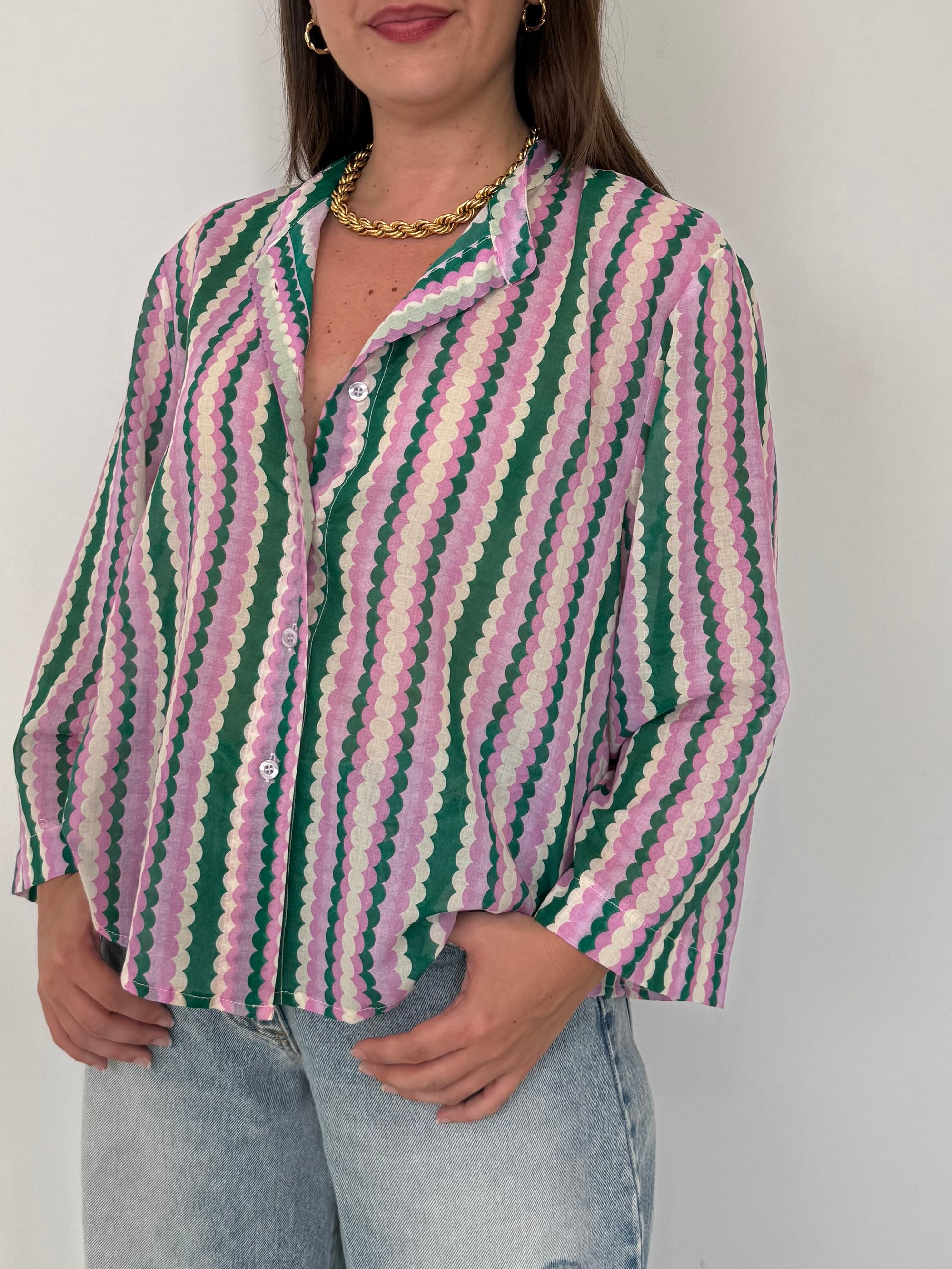 Tensione - Camicia geometrica rosa e verde