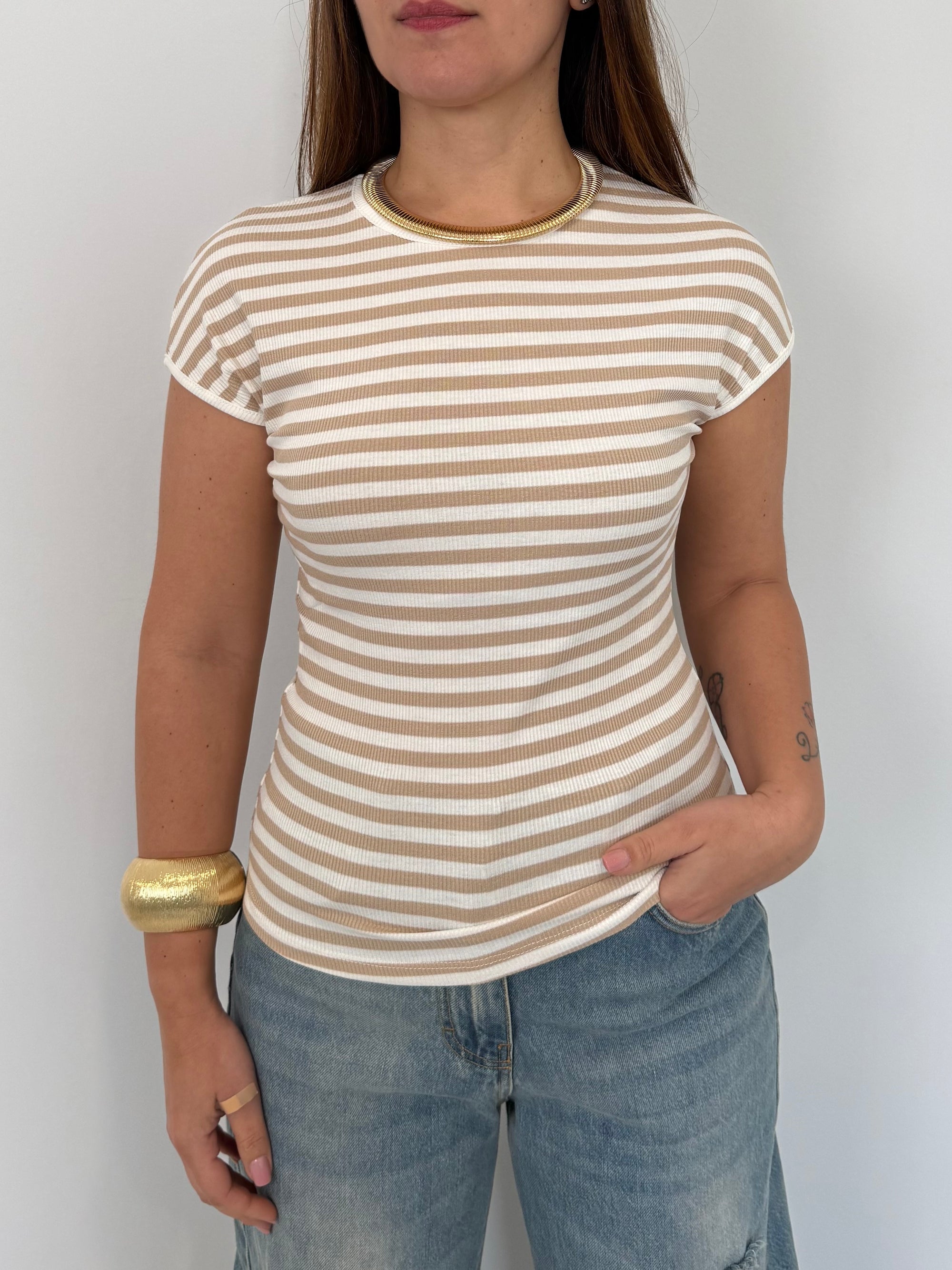 Haveone - Maglia slim con riga beige