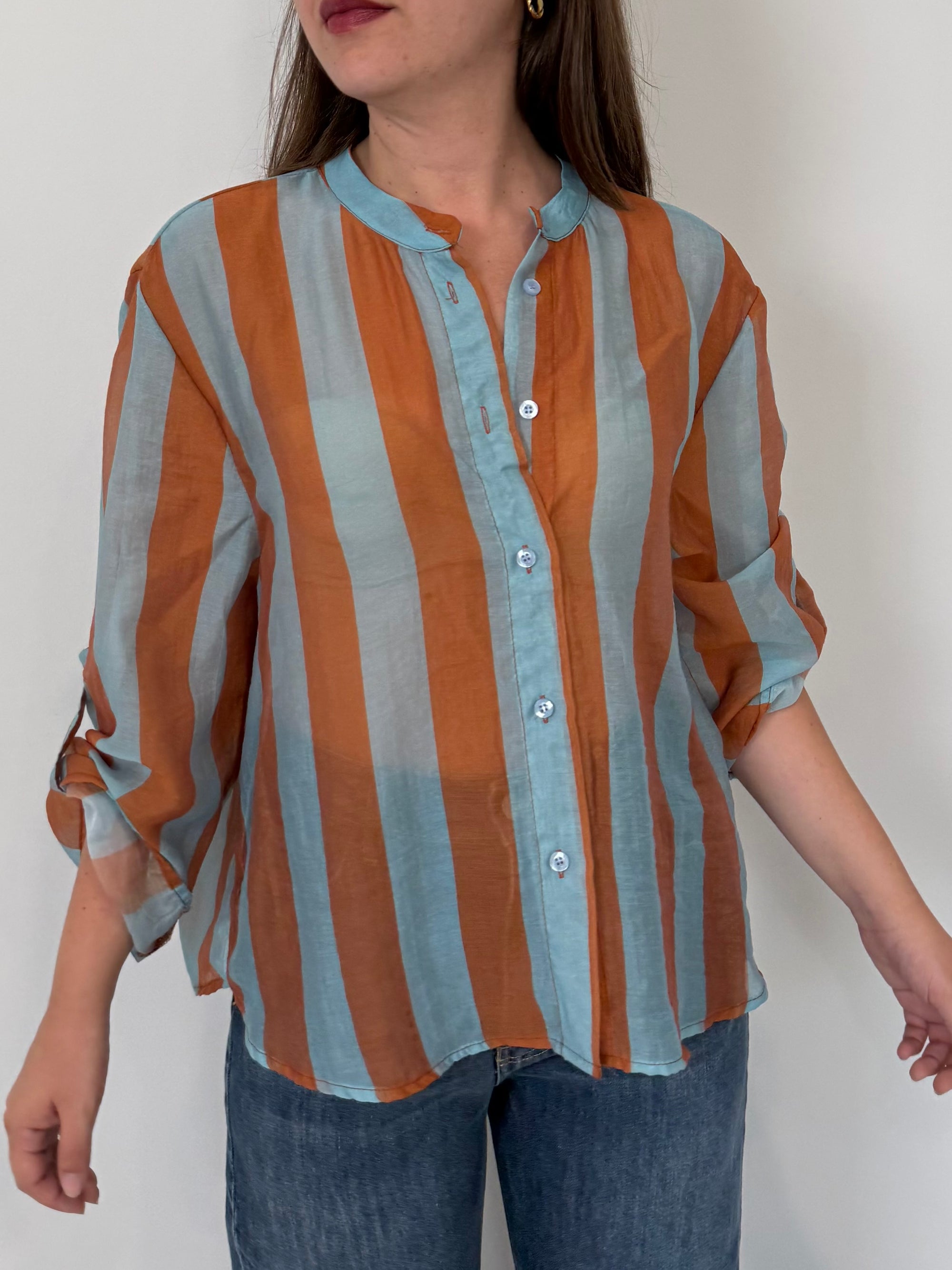 Haveone - Camicia righe larghe celeste tabacco