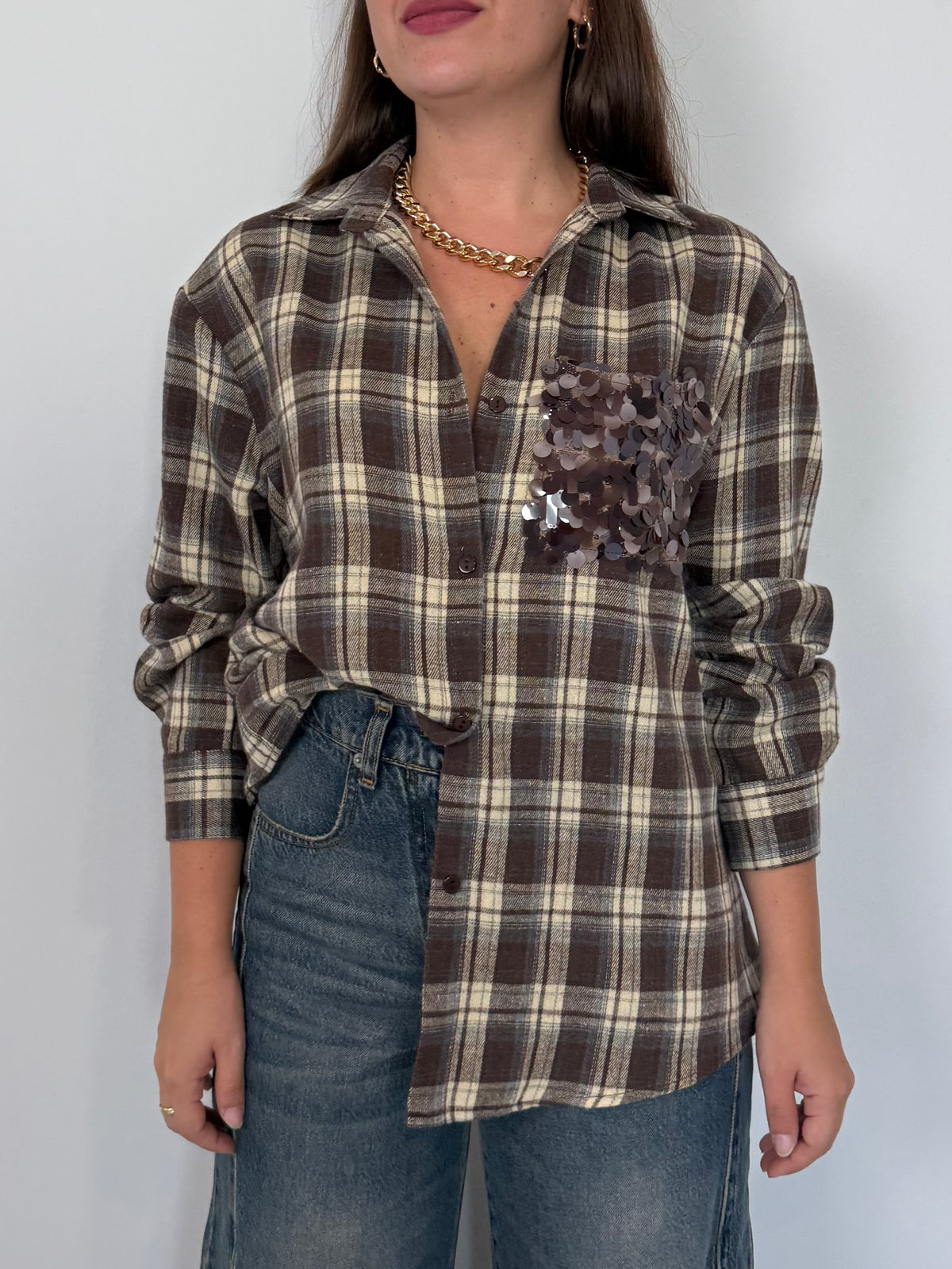 SusyMix - Camicia check moro con tasca paillettes