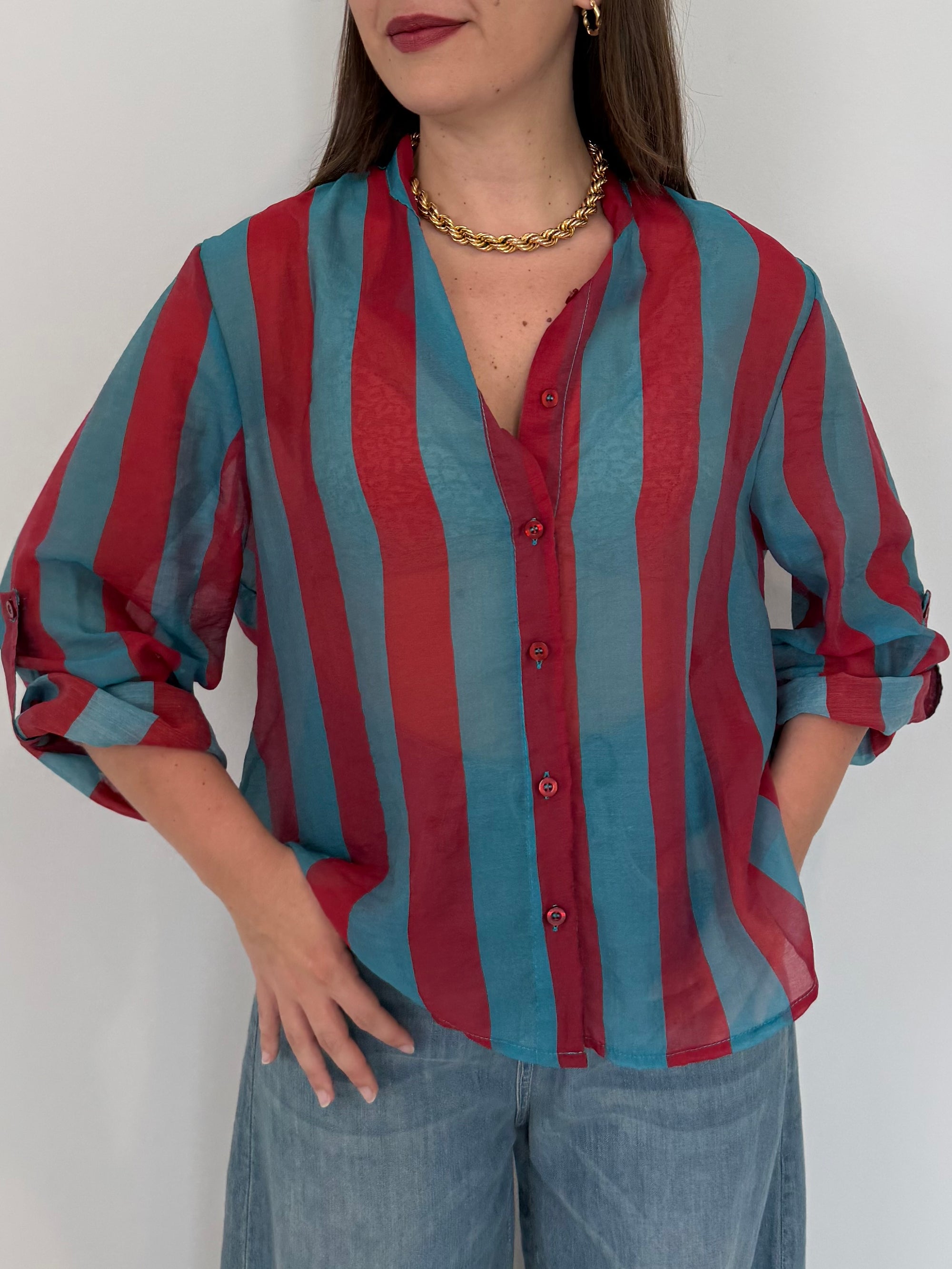 Haveone - Camicia righe larghe ottanio