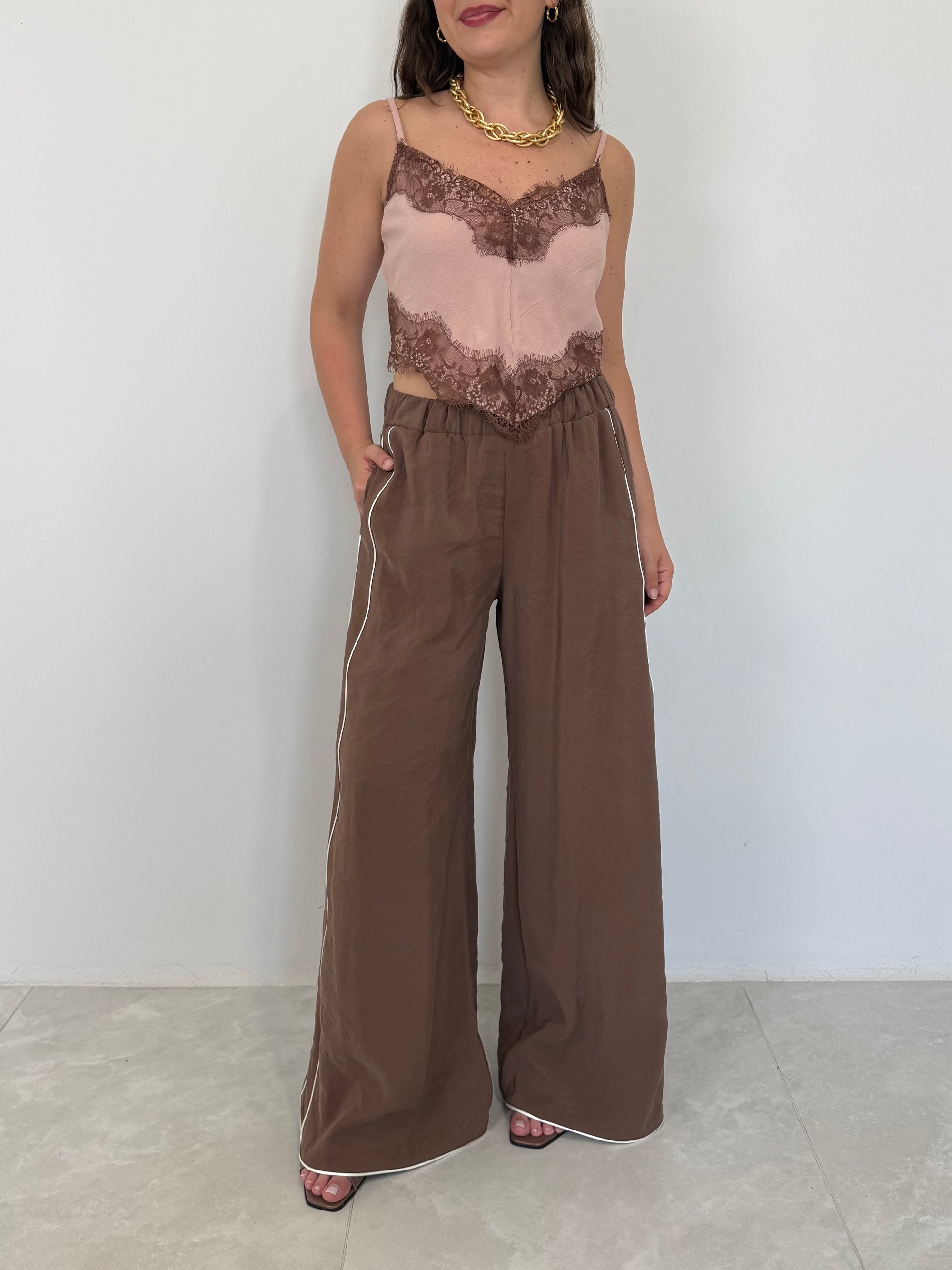 Haveone - Pantalone in cupro con banda moro