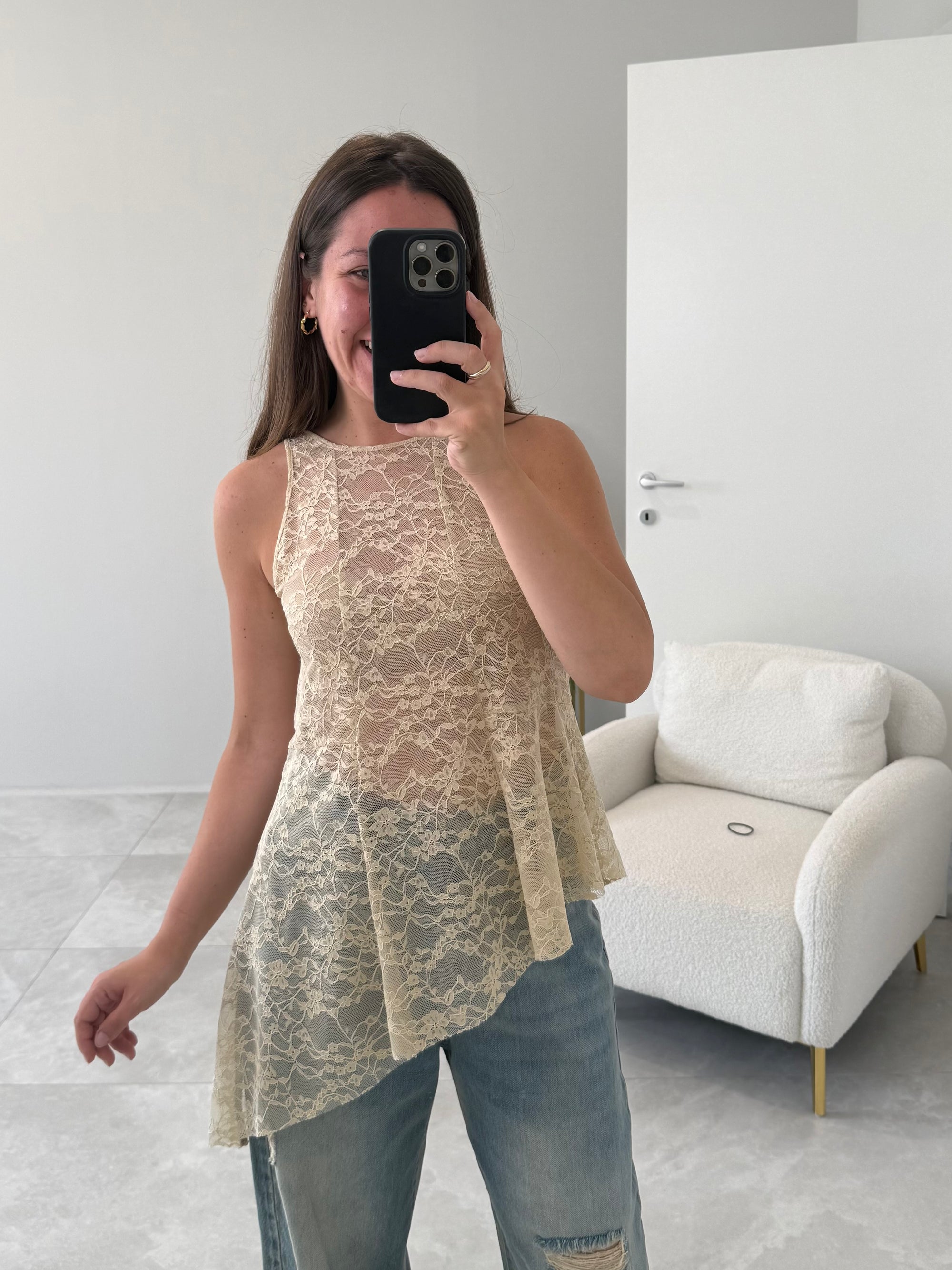 Haveone - Canotta in pizzo asimmetrica beige