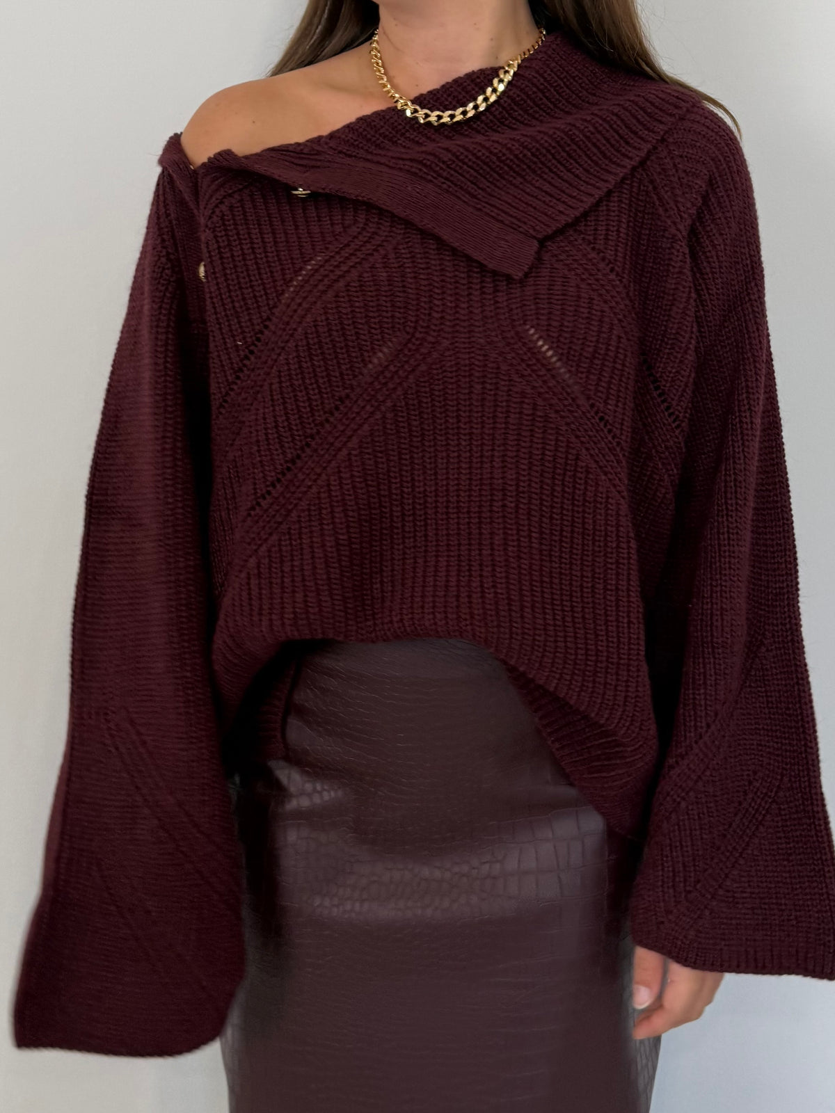 Tensione In - Maglione con collo e bottoni bordeaux