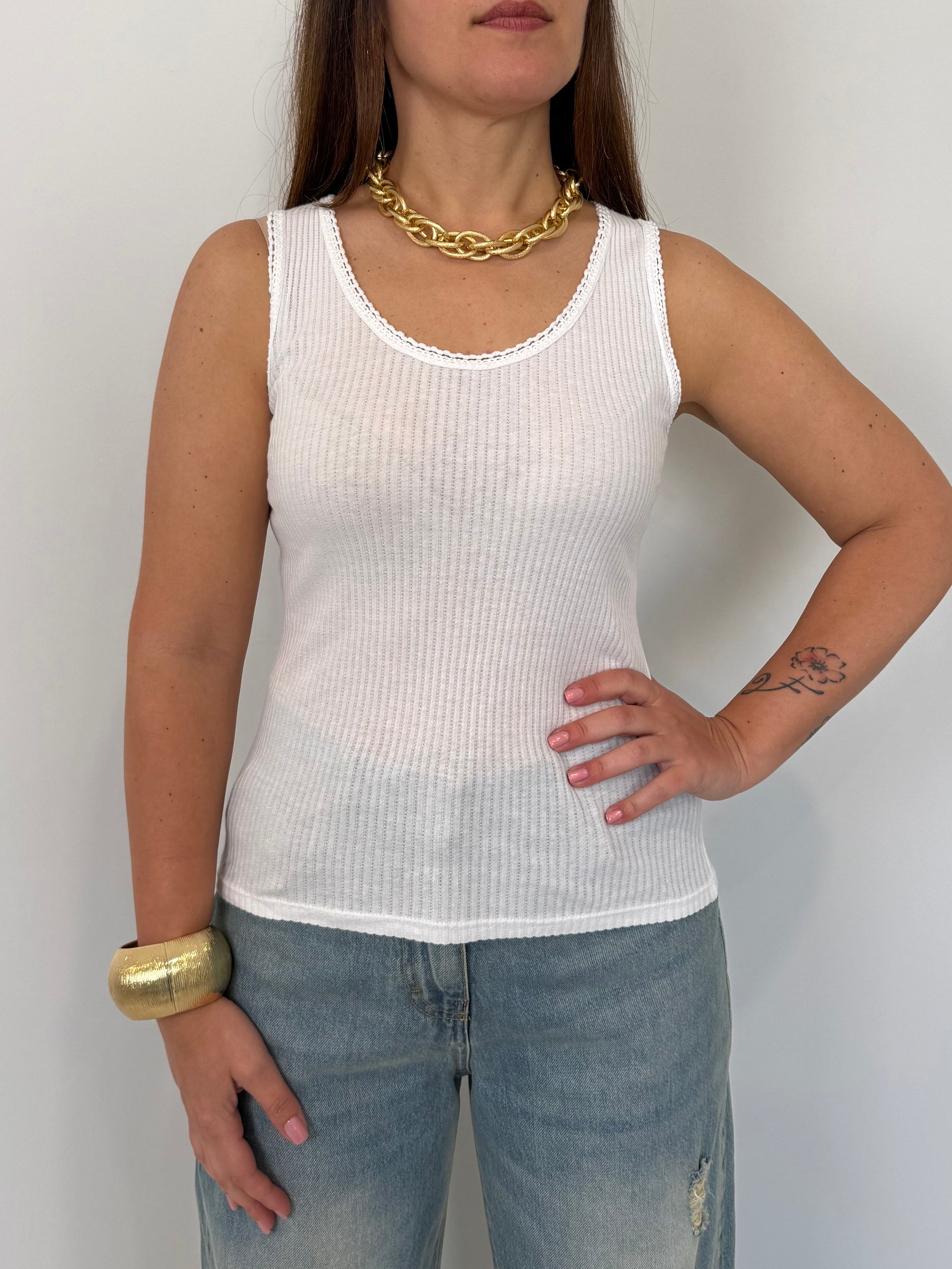 Haveone - Canotta costine con bordino bianca